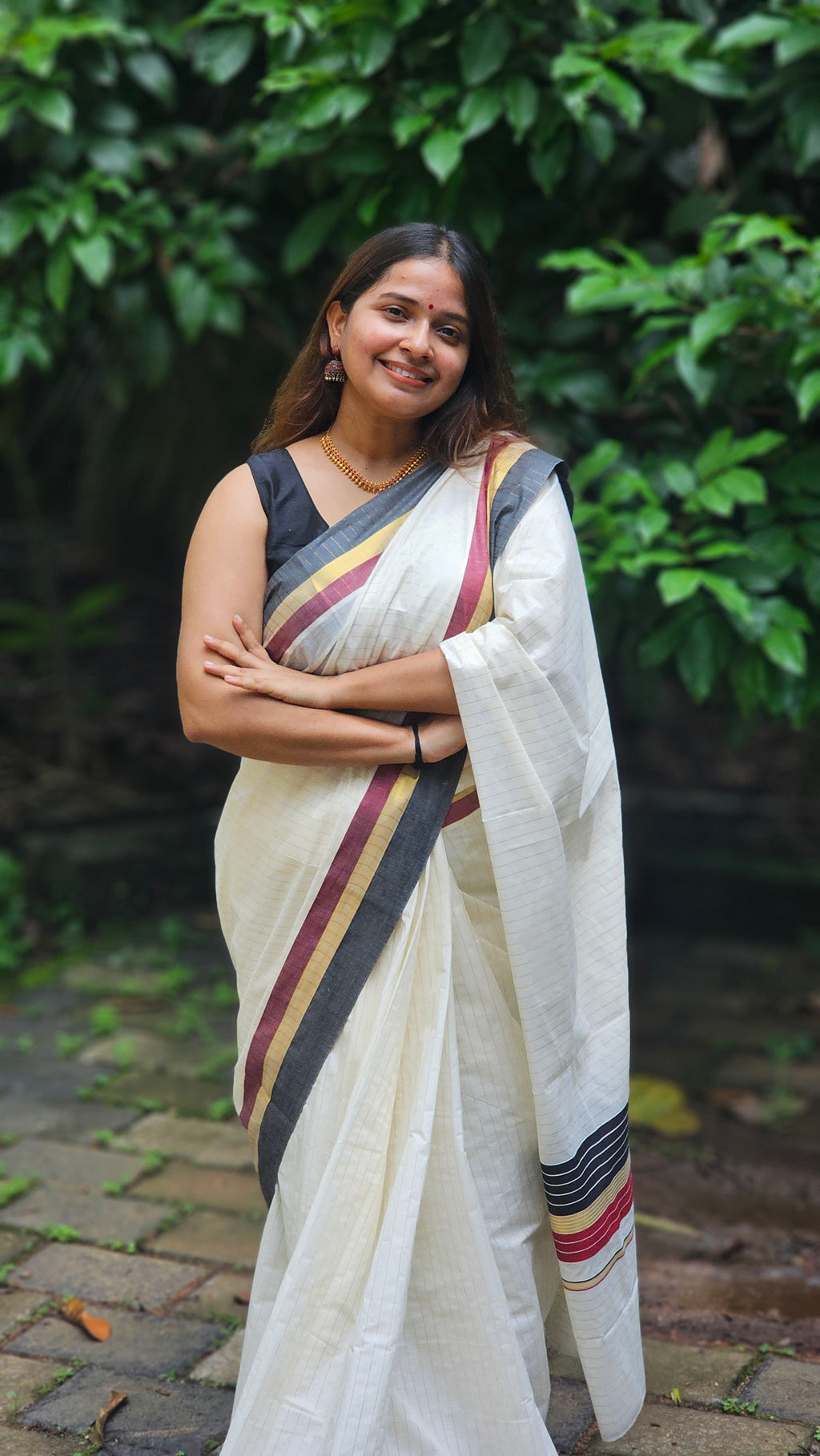 Maroon & Black with gold fine lines set saree - KM317