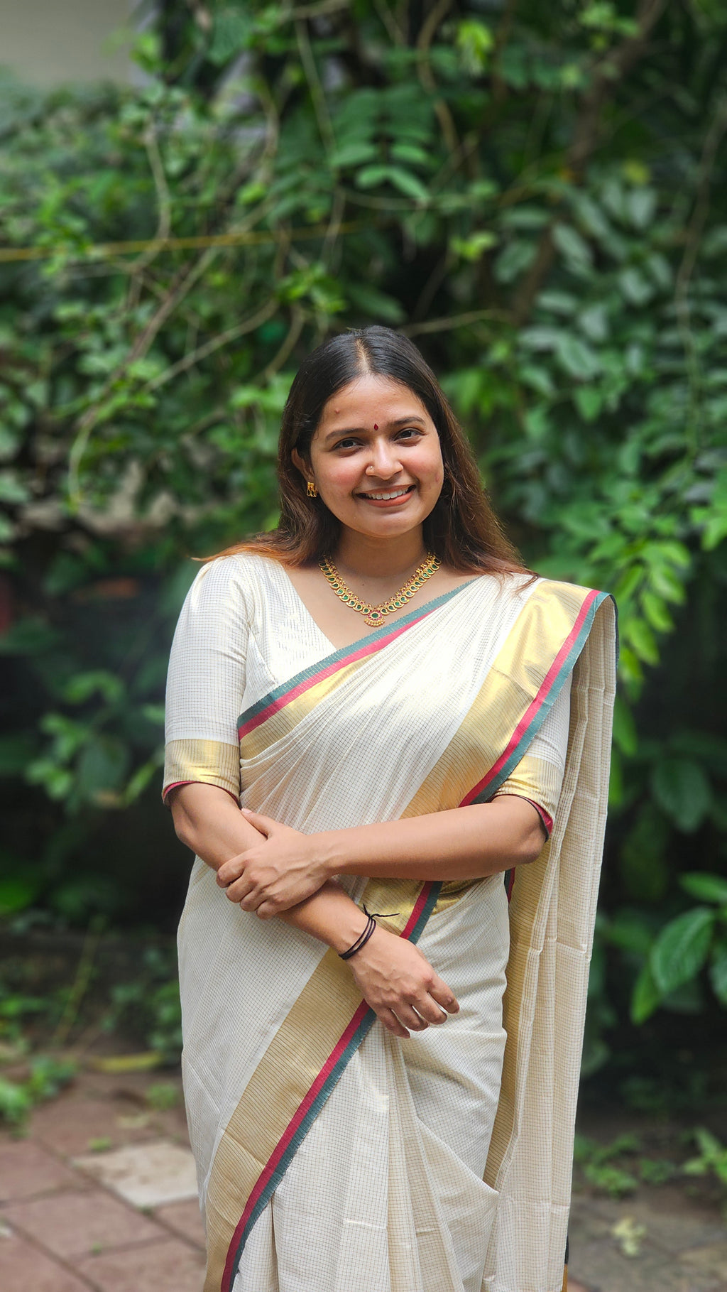 Micro-Check & Green-Red Stripe Kasavu Set Saree - KM319