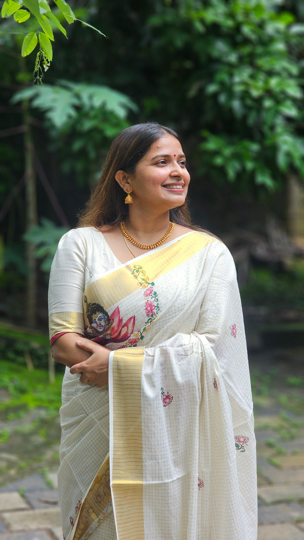 Micro check Lotus motif kasavu set saree - KM316