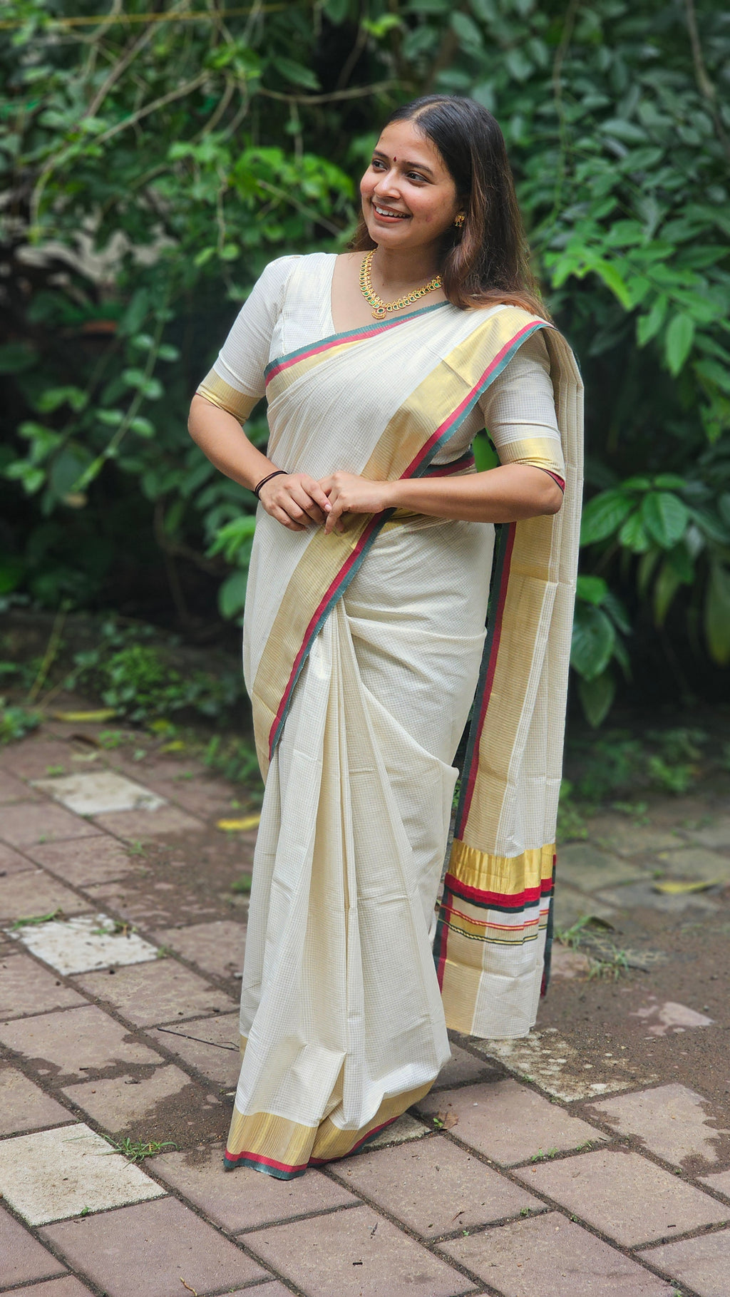 Micro-Check & Green-Red Stripe Kasavu Set Saree - KM319