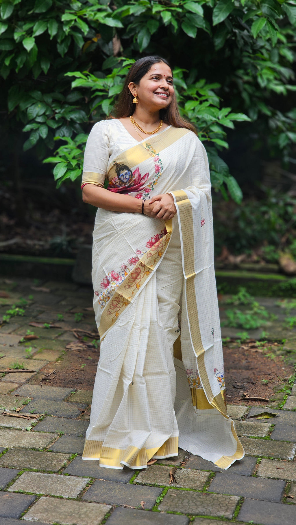 Micro check Lotus motif kasavu set saree - KM316
