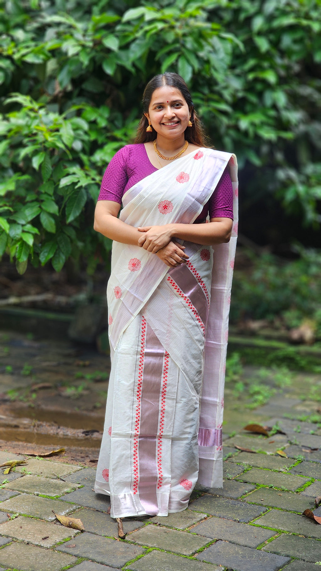 Cotton lines set mundu with rose copper kasavu - KM302