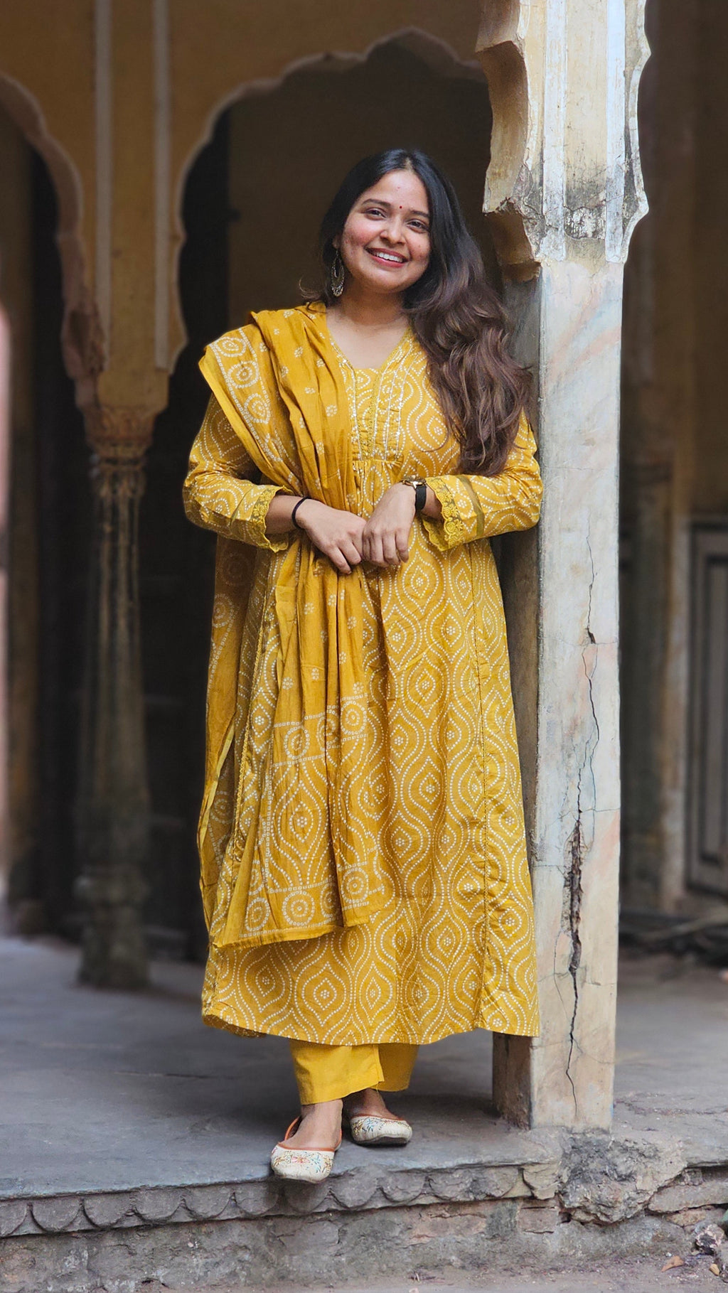 Mustard Ethnic Printed Cotton A-Line Set -KM110