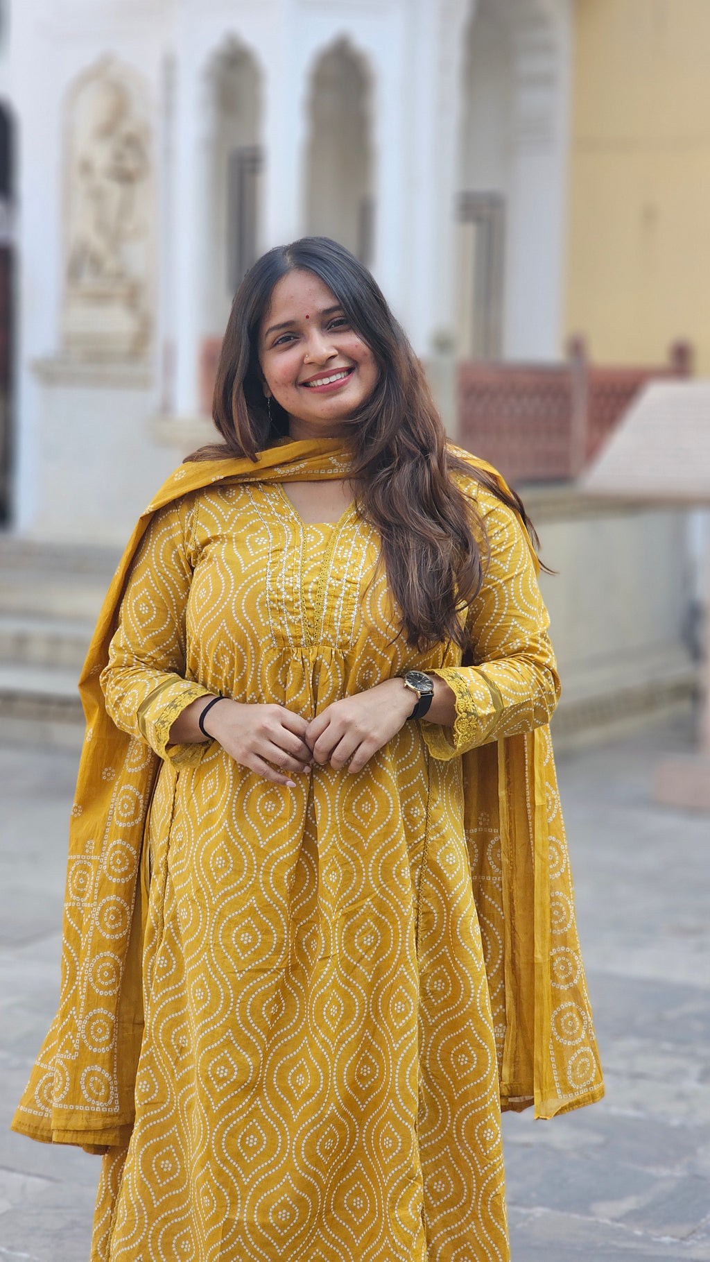 Mustard Ethnic Printed Cotton A-Line Set -KM110