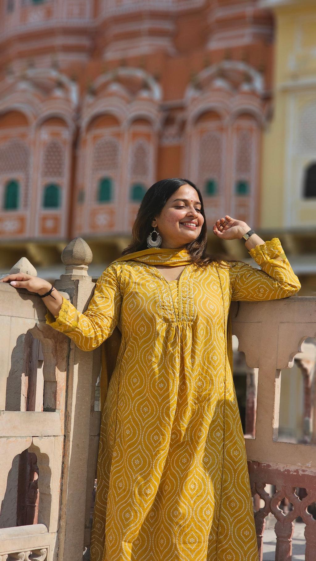 Mustard Ethnic Printed Cotton A-Line Set -KM110