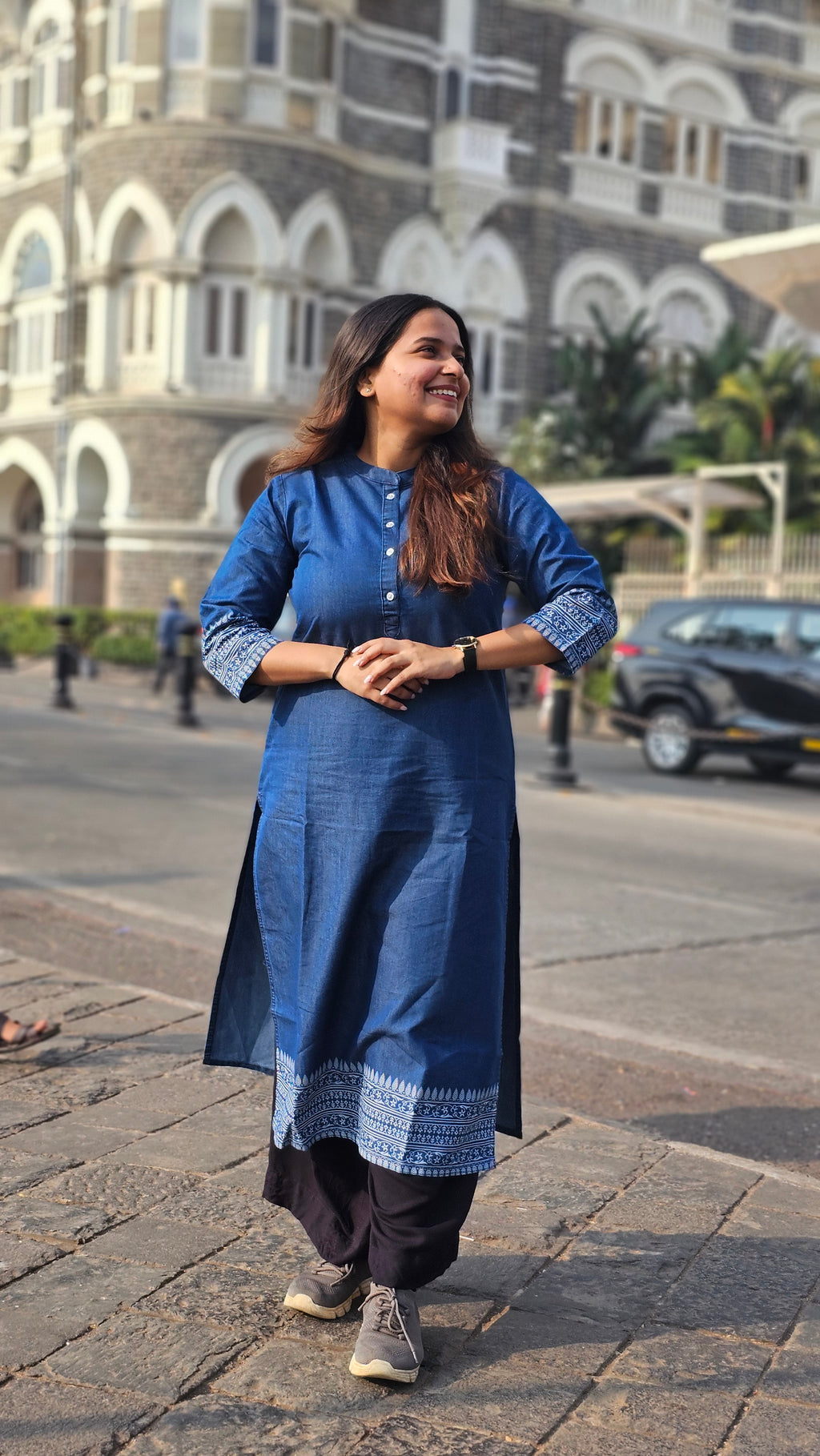 Solid Denim Kurta with Printed Hem -KM203