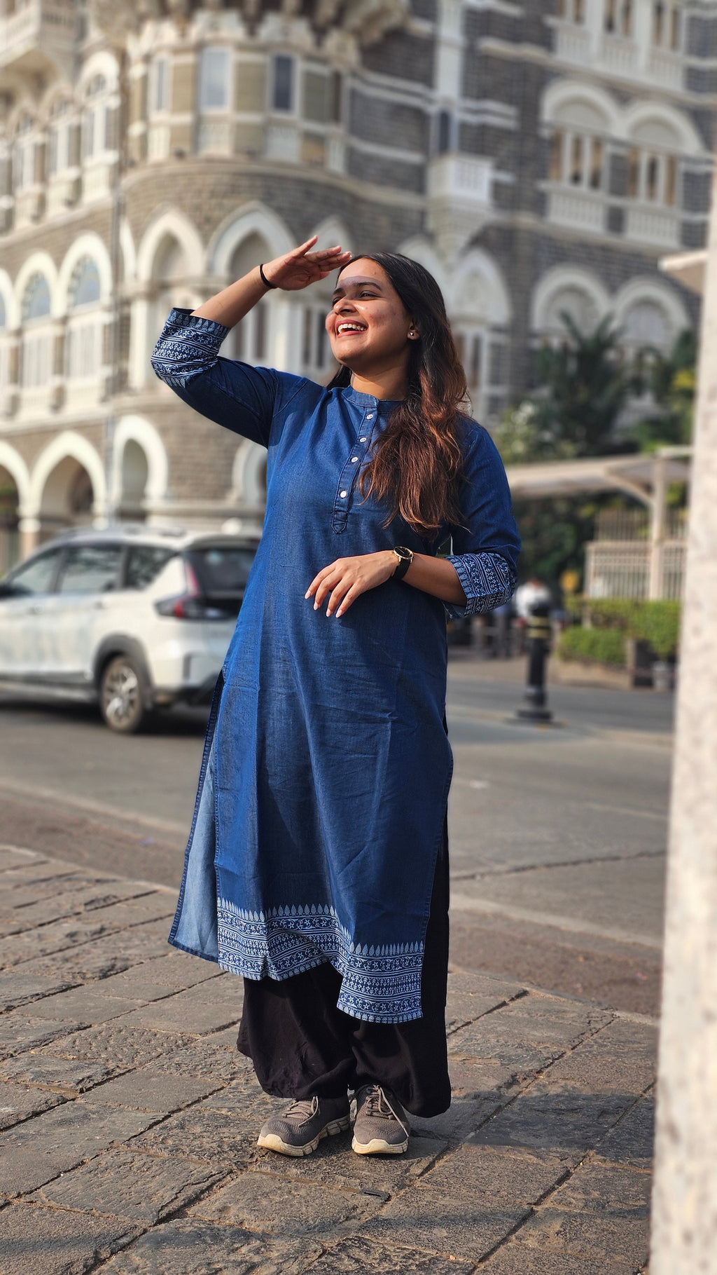 Solid Denim Kurta with Printed Hem -KM203