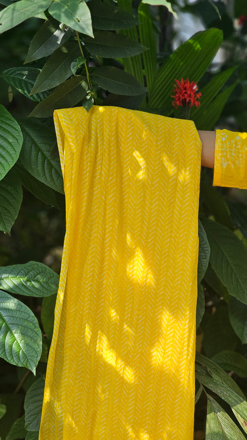 Yellow Printed Cotton V-Neck Kurta Set -KM109