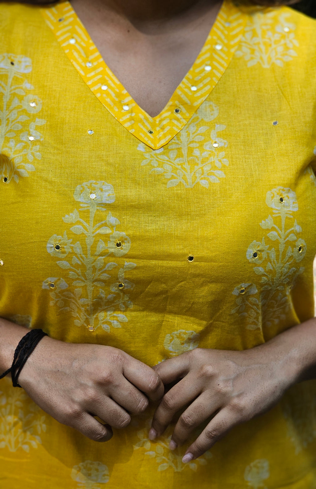 Yellow Printed Cotton V-Neck Kurta Set -KM109