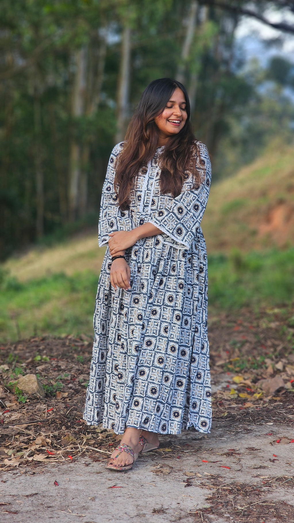 Printed Flared White Cotton Kurta -KM105