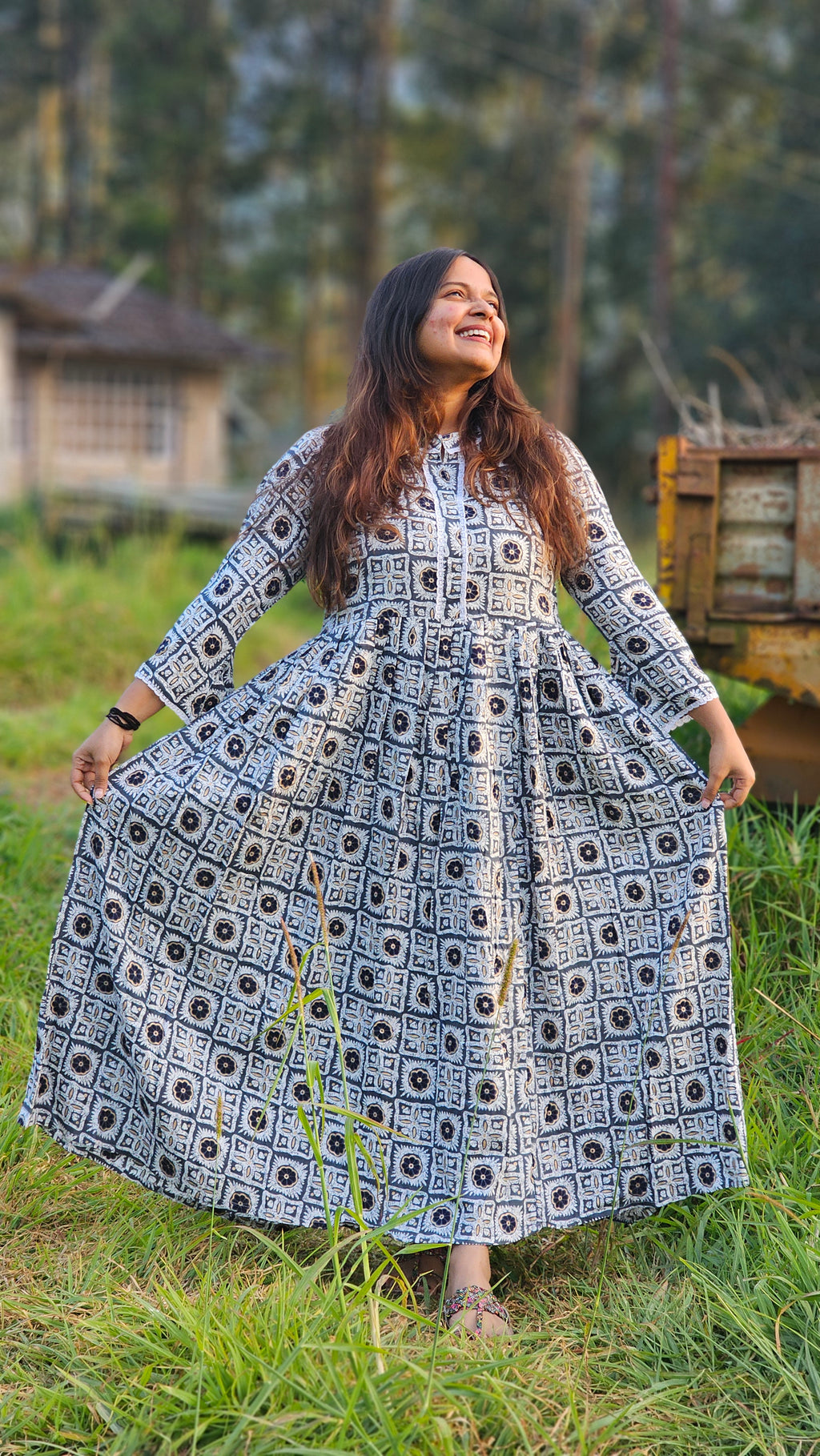 Printed Flared White Cotton Kurta -KM105