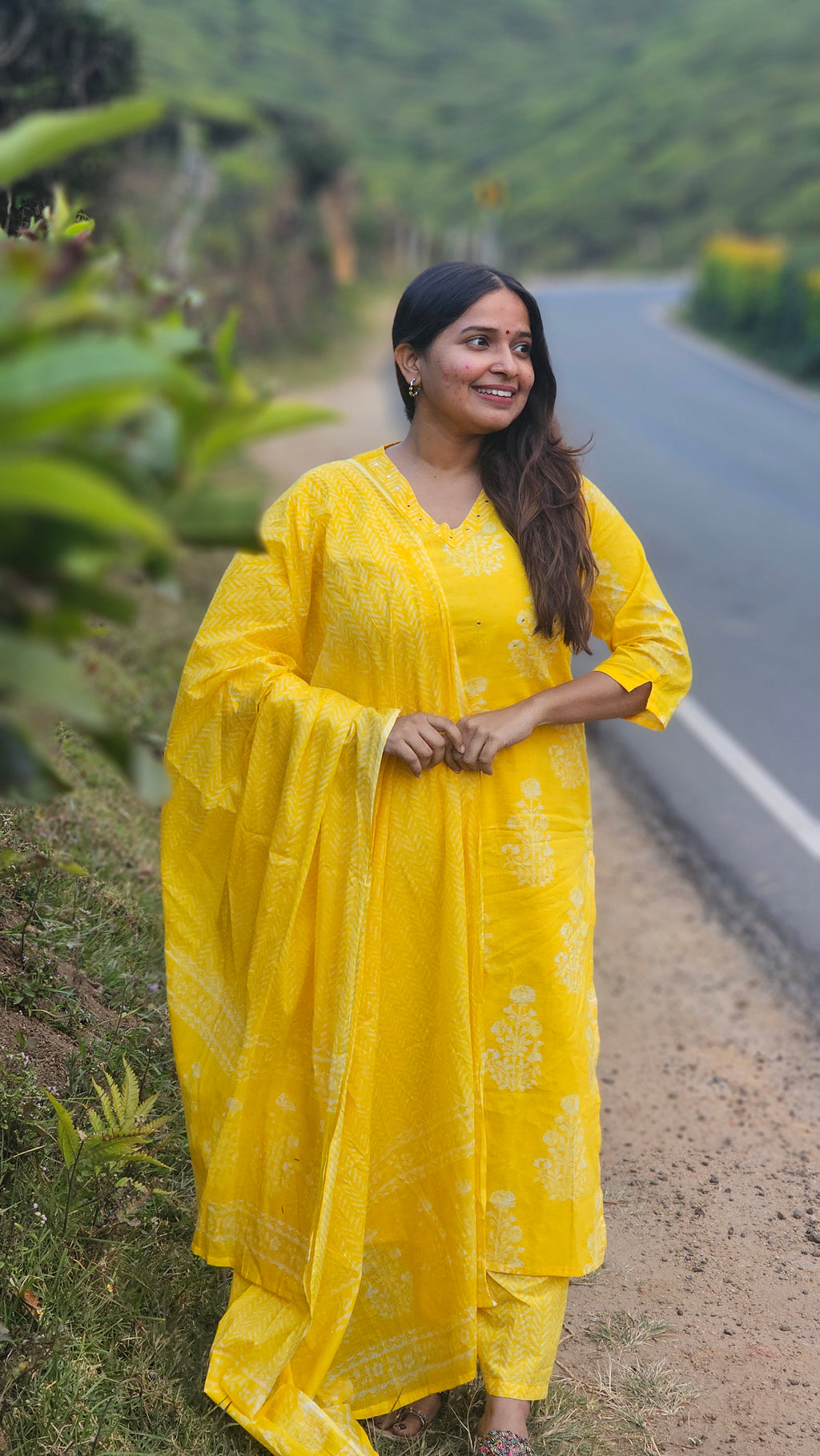Yellow Printed Cotton V-Neck Kurta Set -KM109
