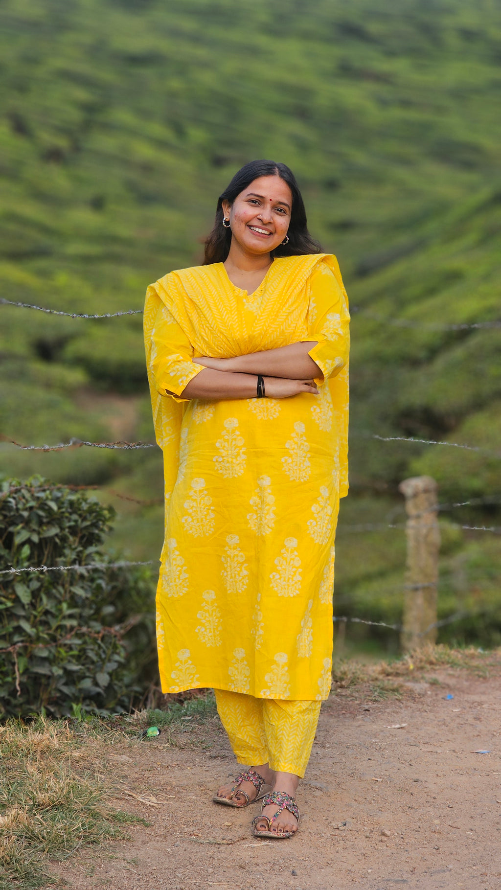 Yellow Printed Cotton V-Neck Kurta Set -KM109