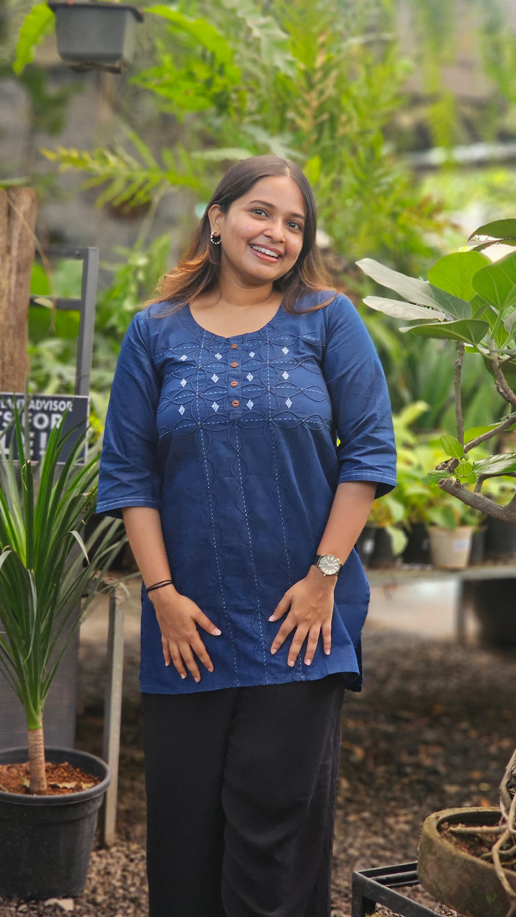 Navy Blue Embroidered Denim Short Kurti -KM205