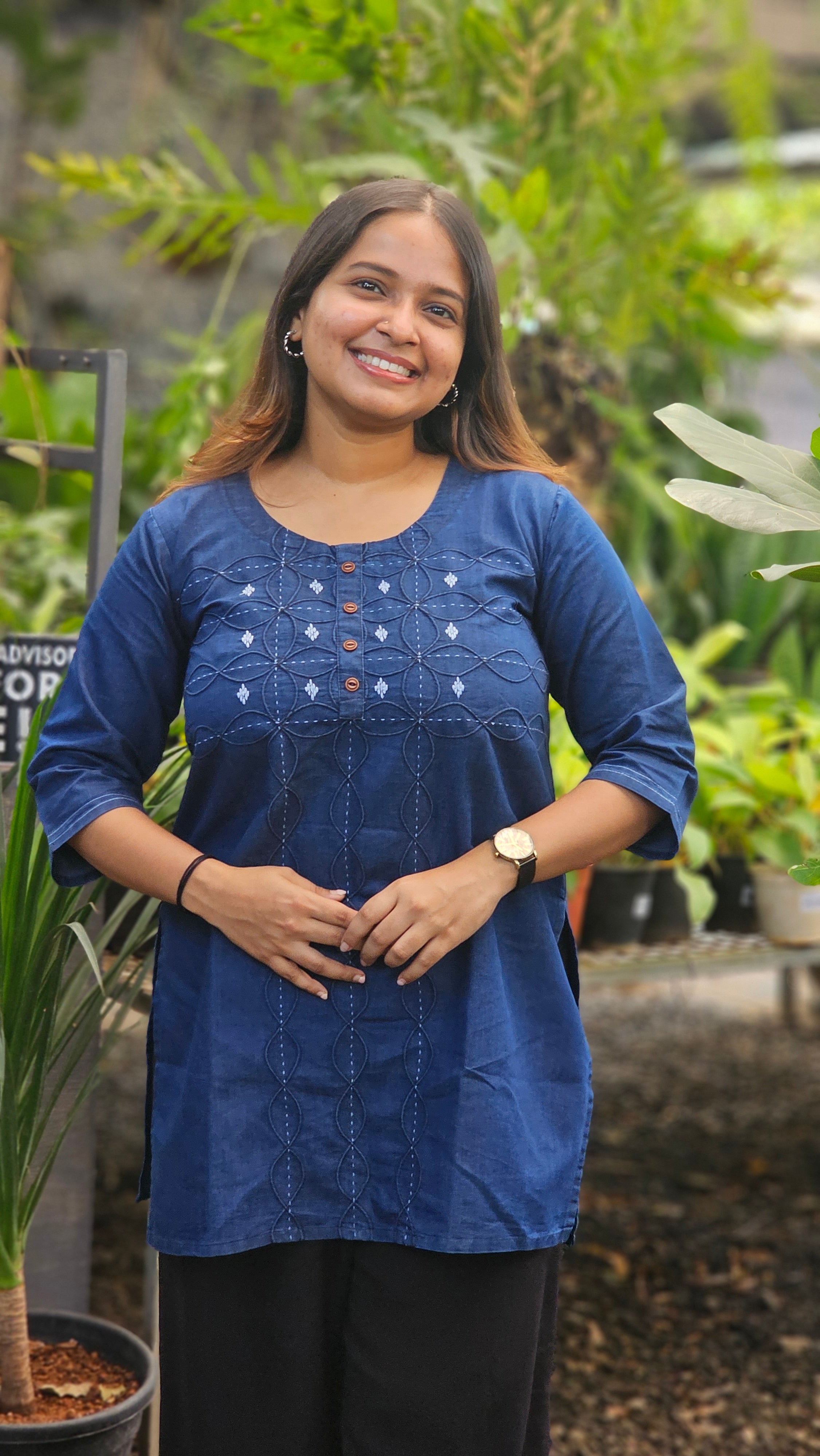 Navy Blue Embroidered Denim Short Kurti -KM205
