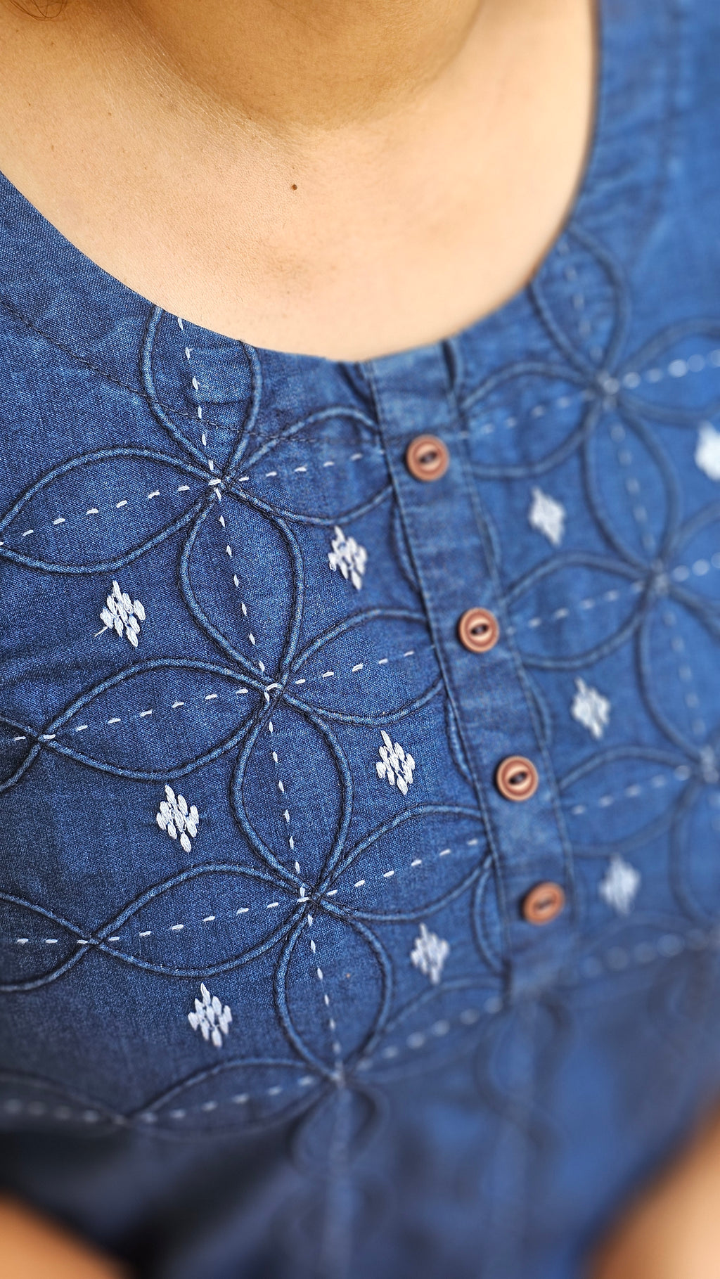 Navy Blue Embroidered Denim Short Kurti -KM205