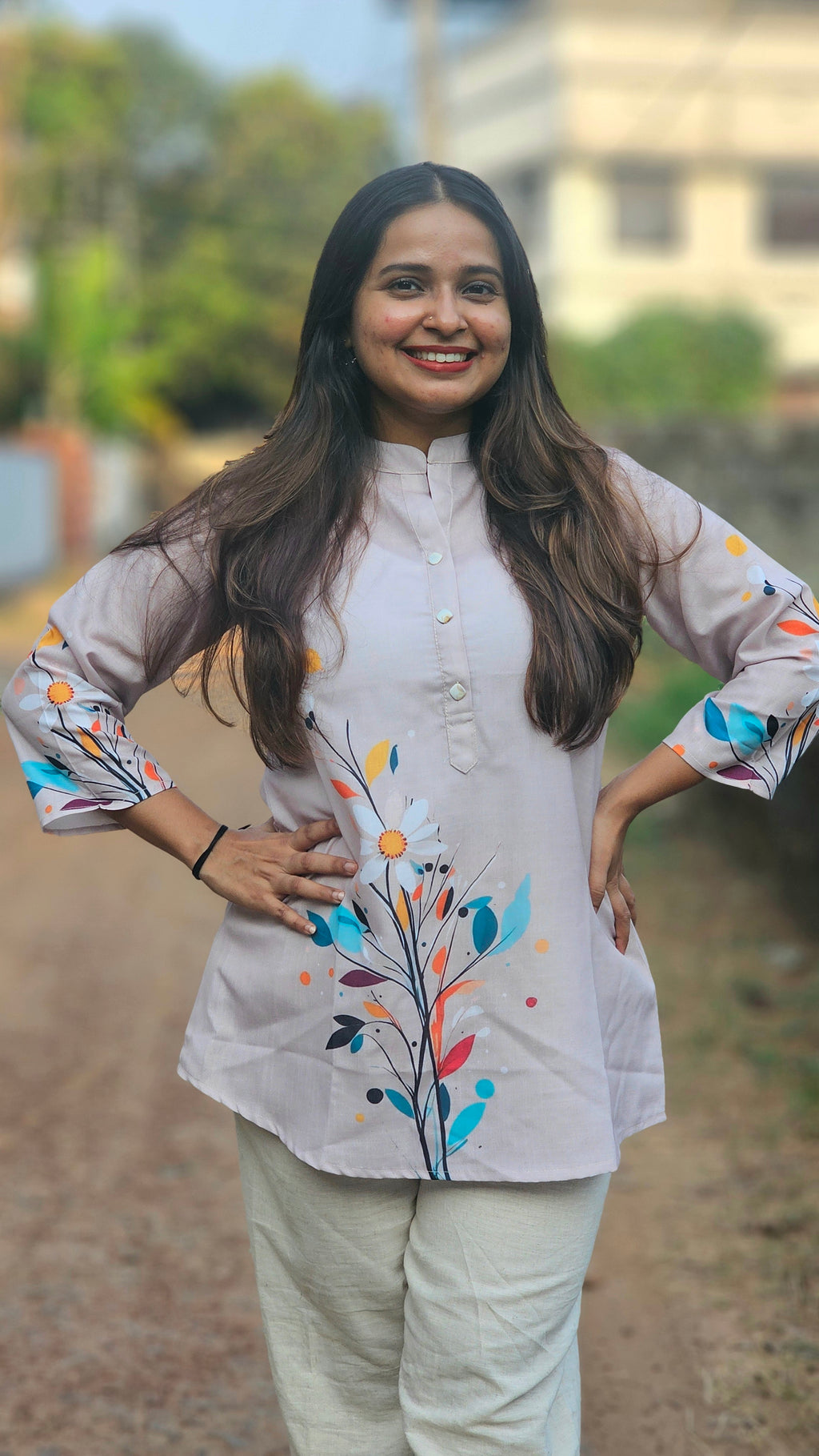 Beige Floral Printed Short Kurti -KM207