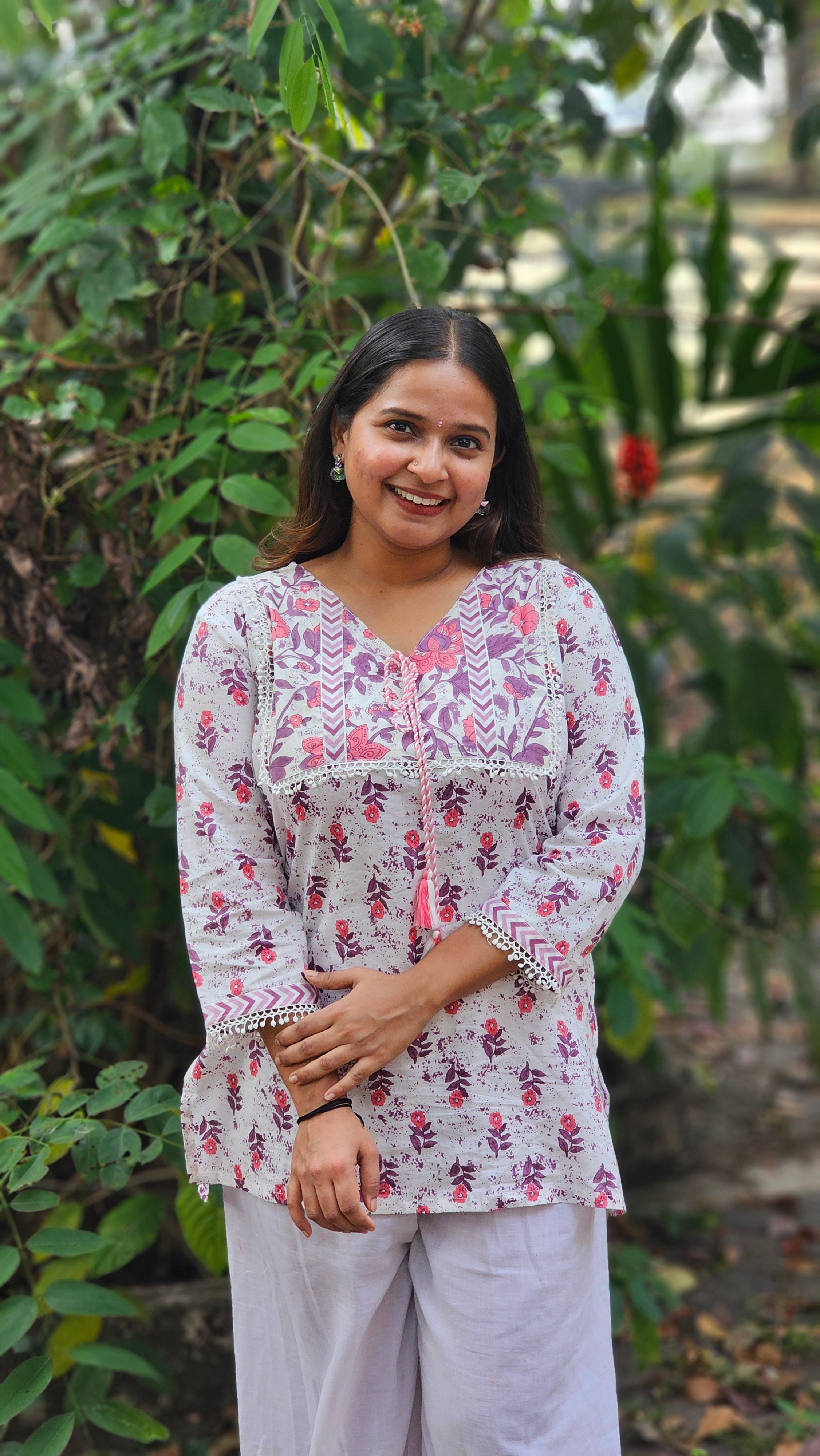 White Floral Printed Short Kurti - KM119
