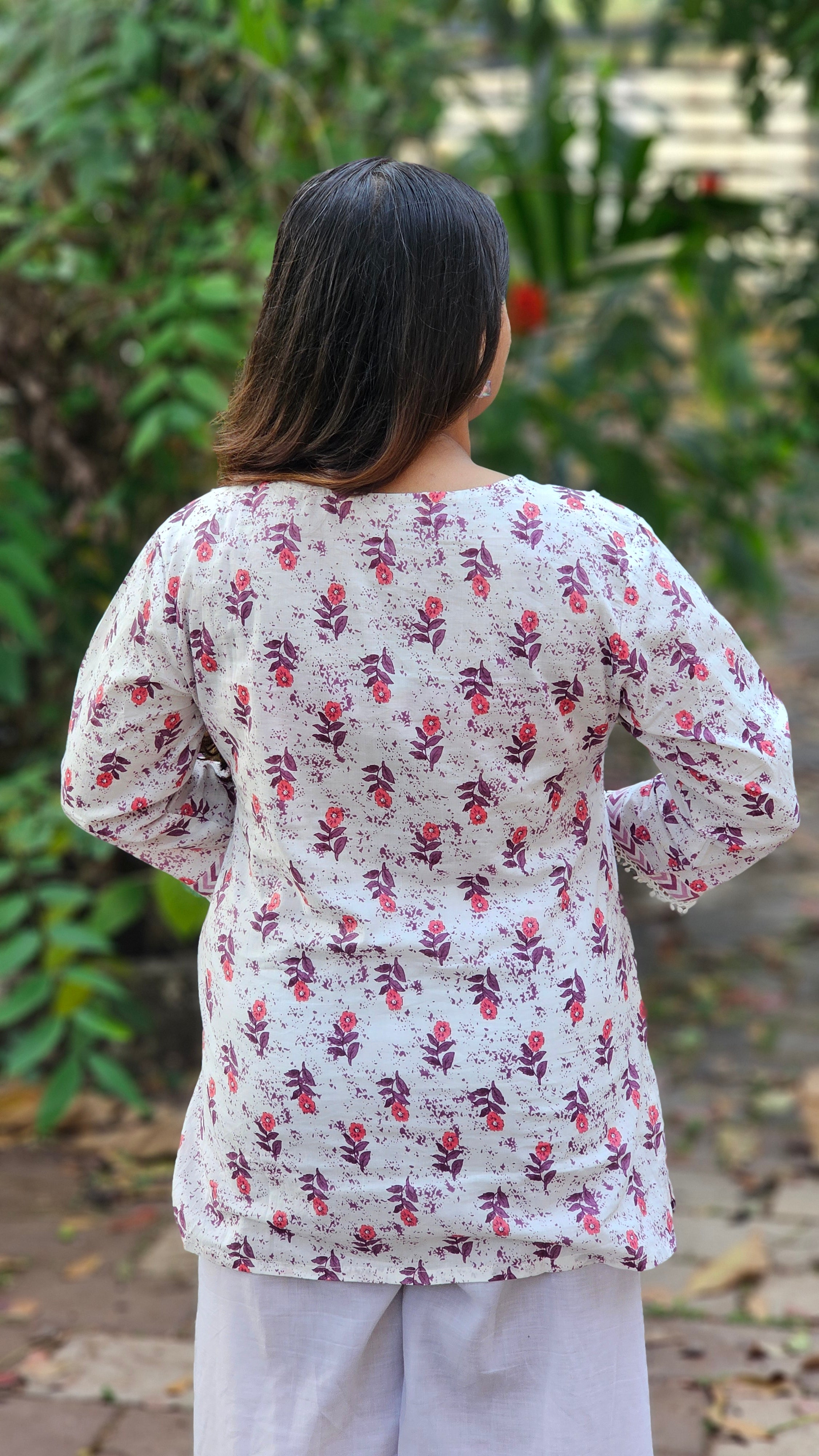 White Floral Printed Short Kurti - KM119