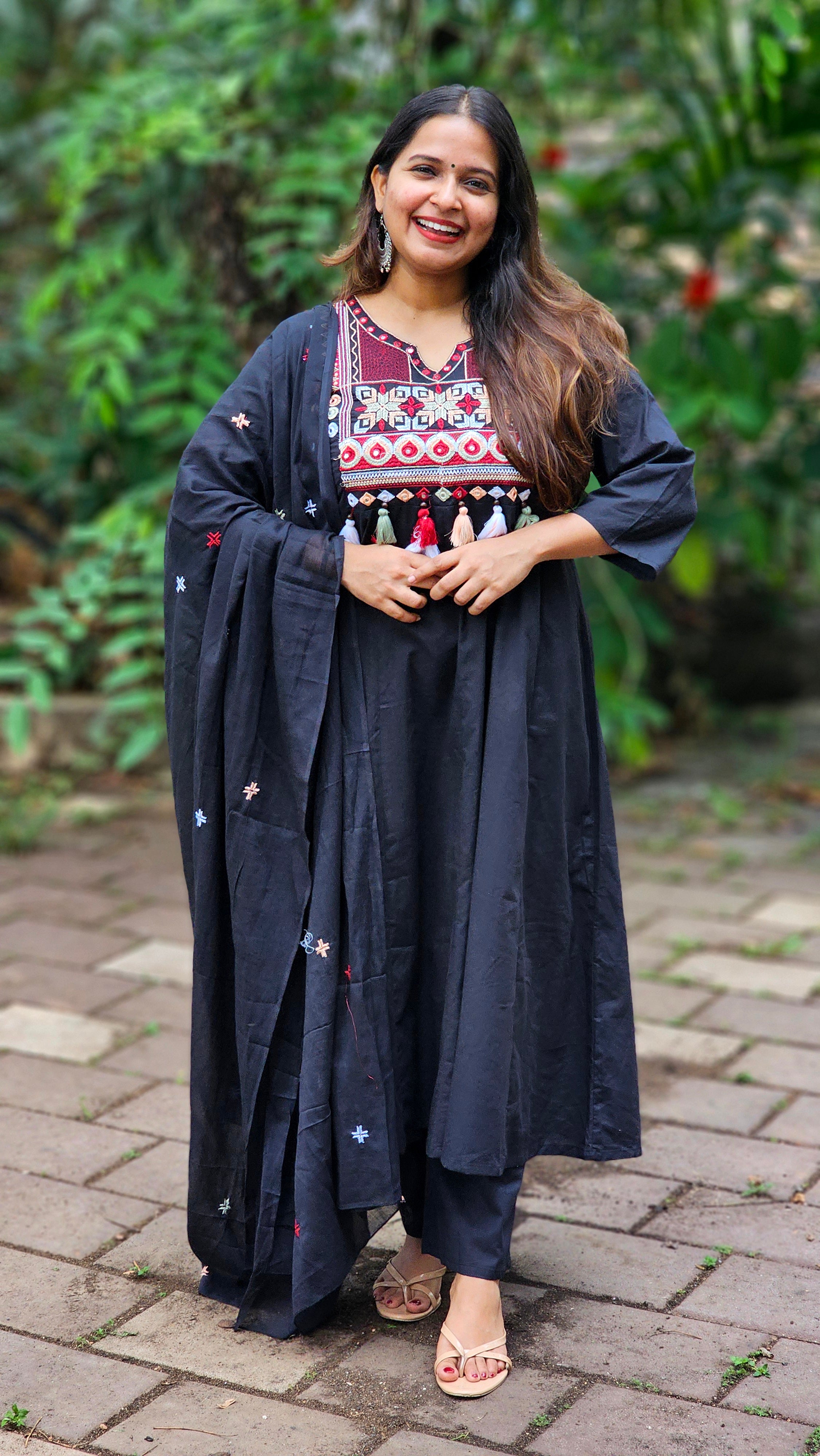 Black A-line Kurta Set with Dupatta