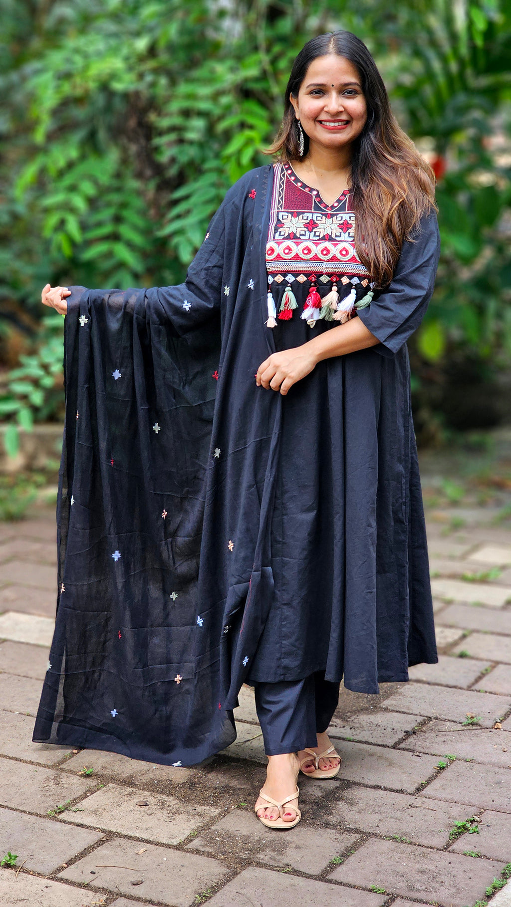Black A-line Kurta Set with Dupatta - KM112