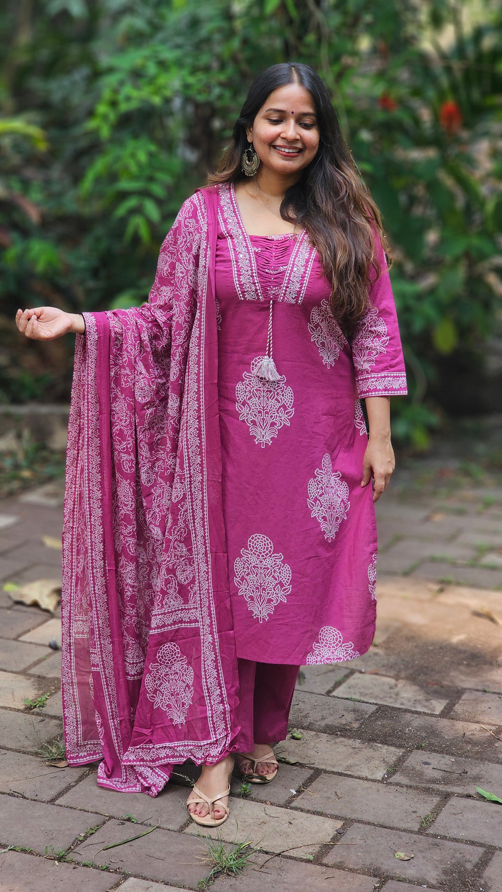 Magenta Floral Printed Kurta Set with Dupatta - KM113