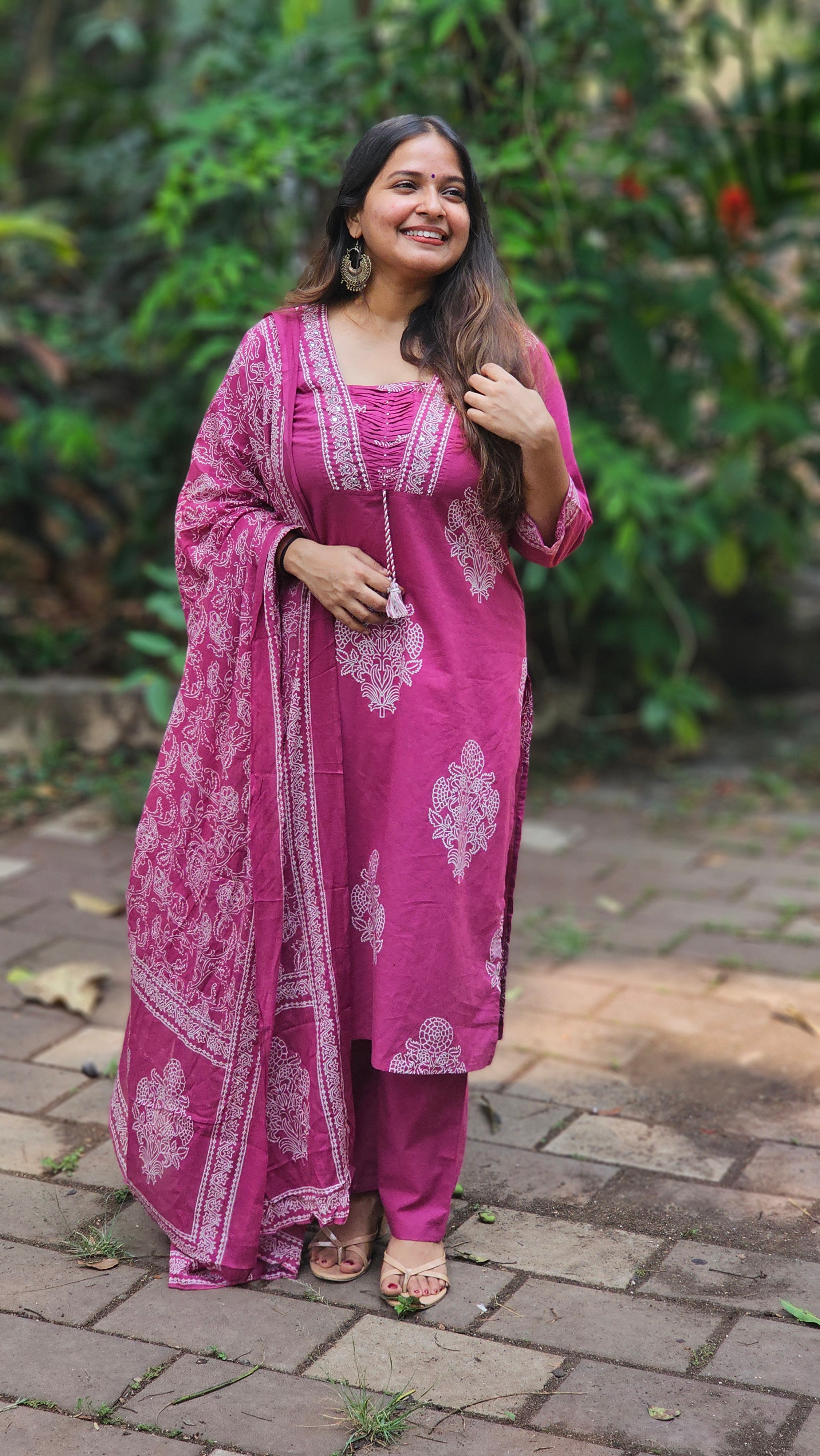 Magenta Floral Printed Kurta Set with Dupatta - KM113