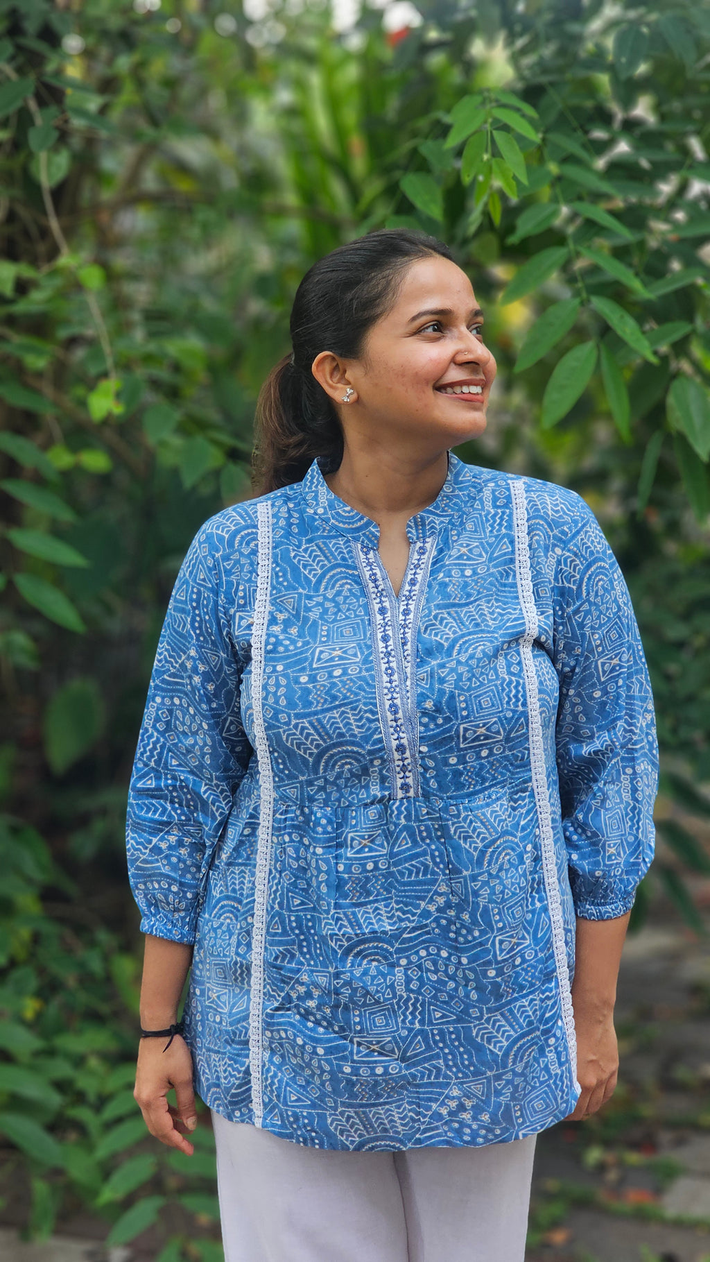Blue Geometric Print Short Kurti with Lace Detail - KM123