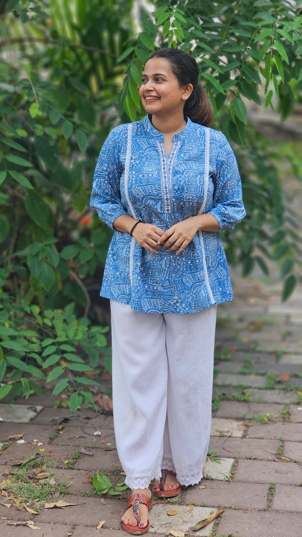 Blue Geometric Print Short Kurti with Lace Detail - KM123