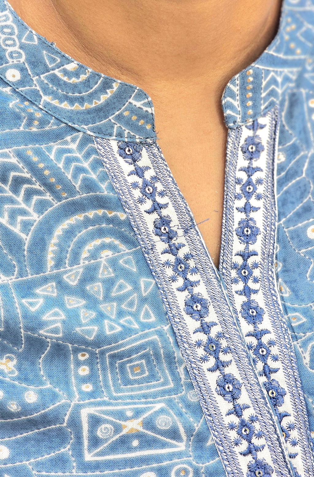 Blue Geometric Print Short Kurti with Lace Detail - KM123