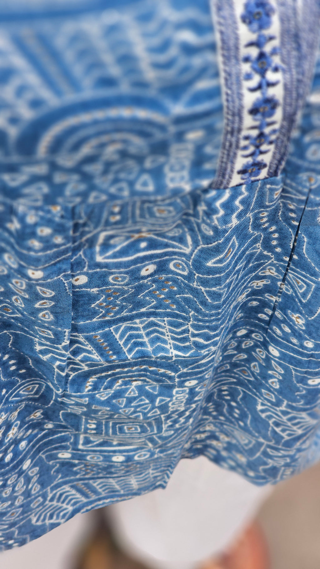 Blue Geometric Print Short Kurti with Lace Detail - KM123