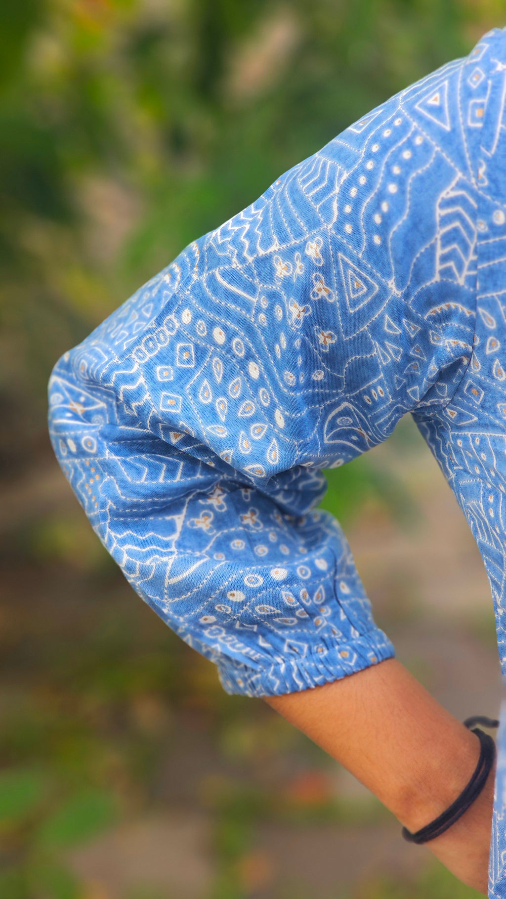 Blue Geometric Print Short Kurti with Lace Detail - KM123