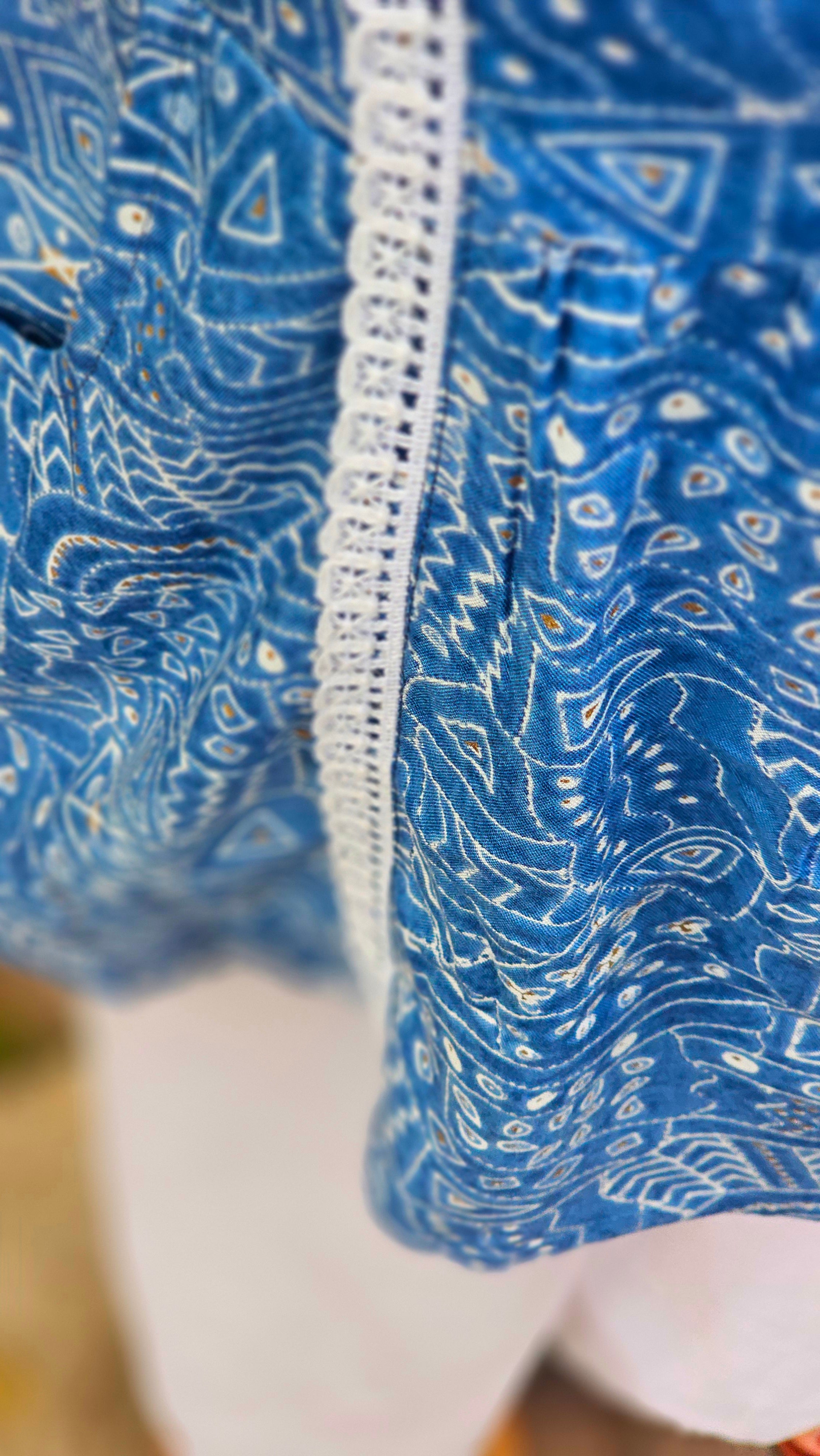 Blue Geometric Print Short Kurti with Lace Detail - KM123