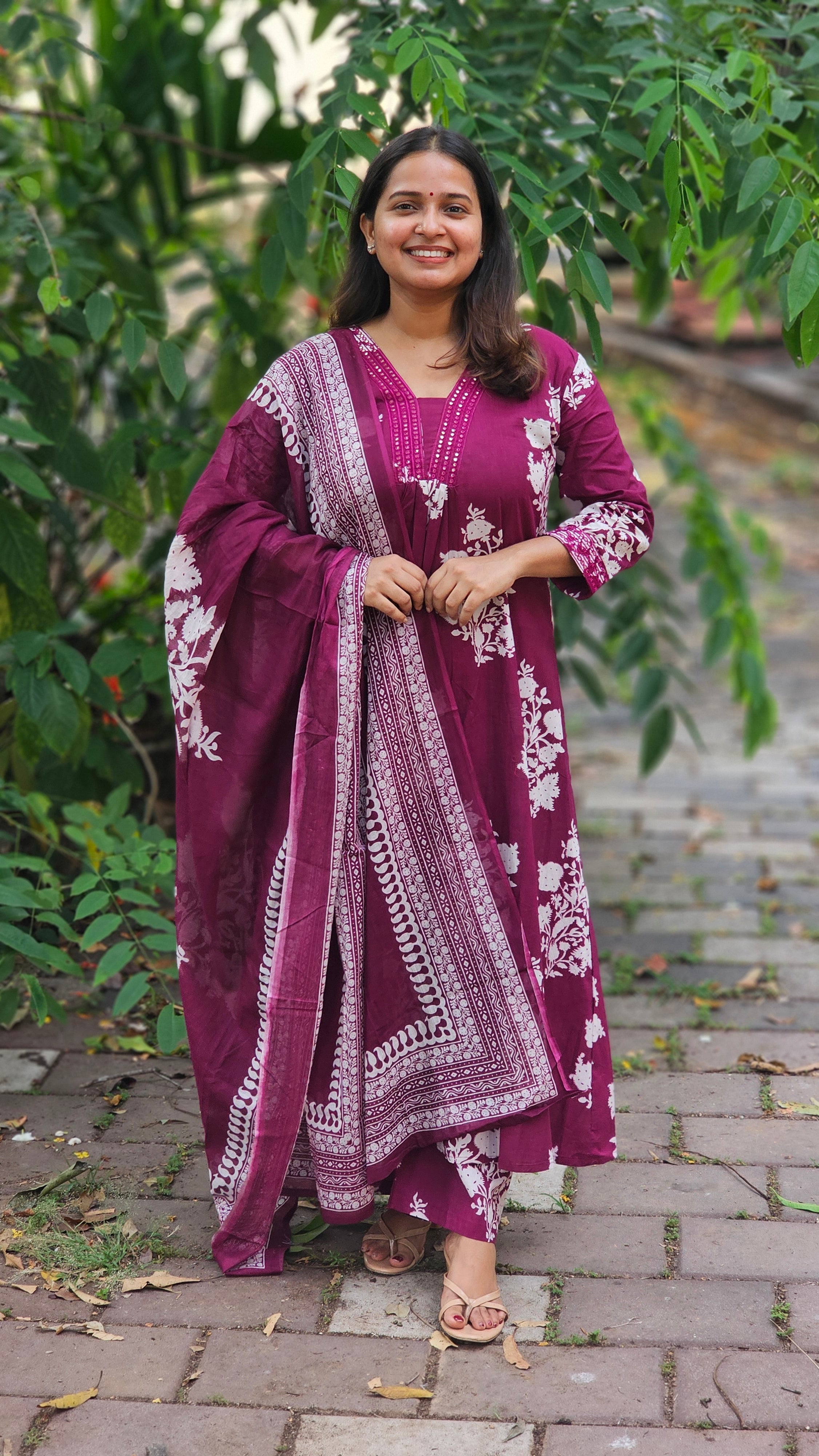 Rich Plum Floral Print Flared Kurta Set with Dupatta-KM125