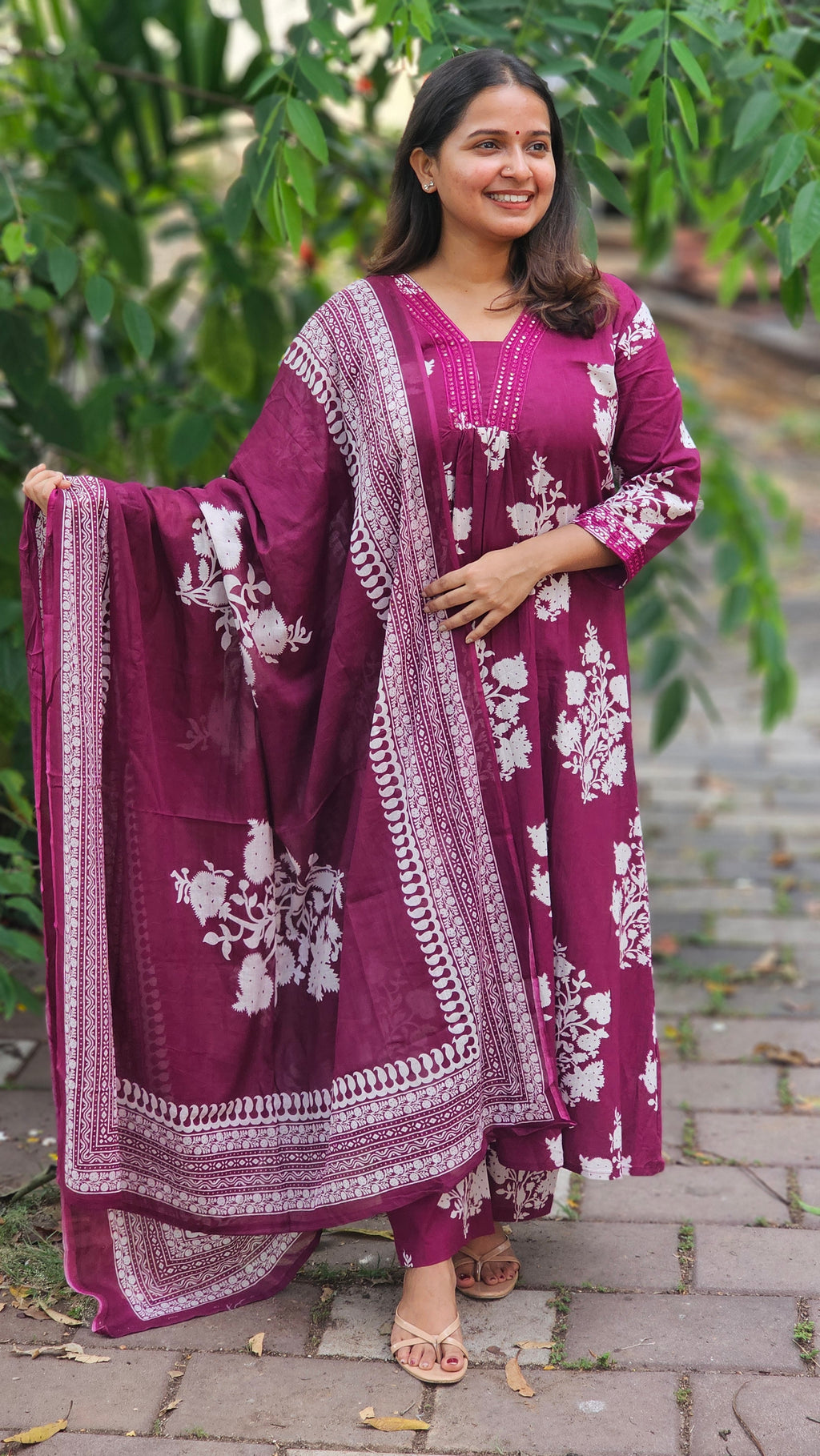 Rich Plum Floral Print Flared Kurta Set with Dupatta-KM125