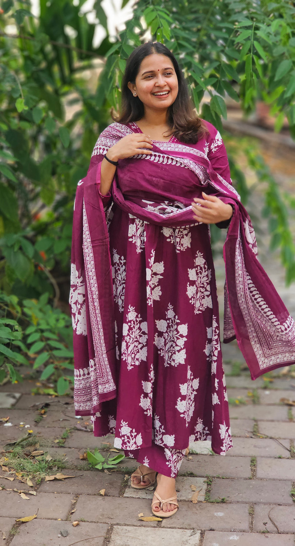 Rich Plum Floral Print Flared Kurta Set with Dupatta-KM125