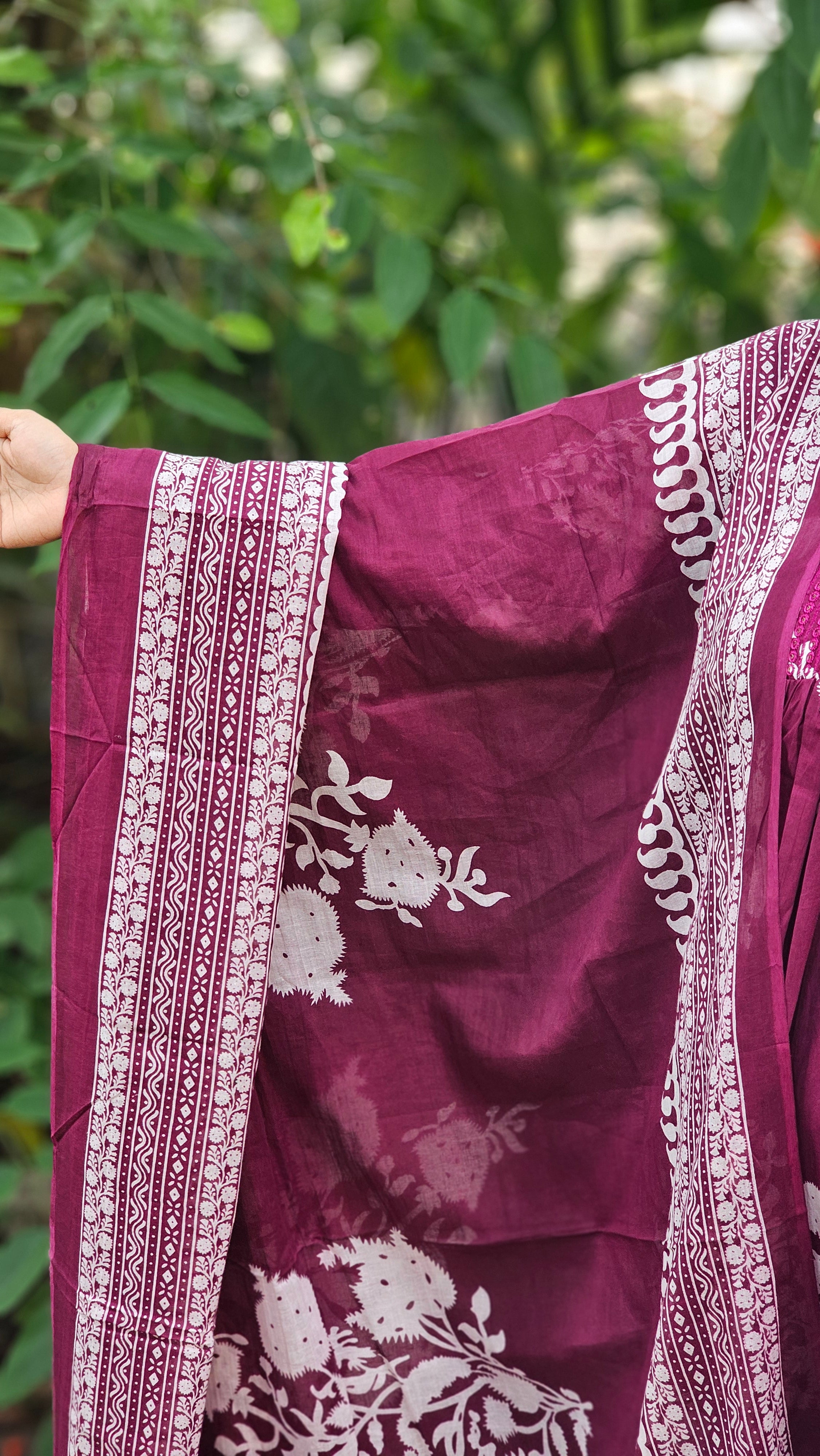Rich Plum Floral Print Flared Kurta Set with Dupatta-KM125