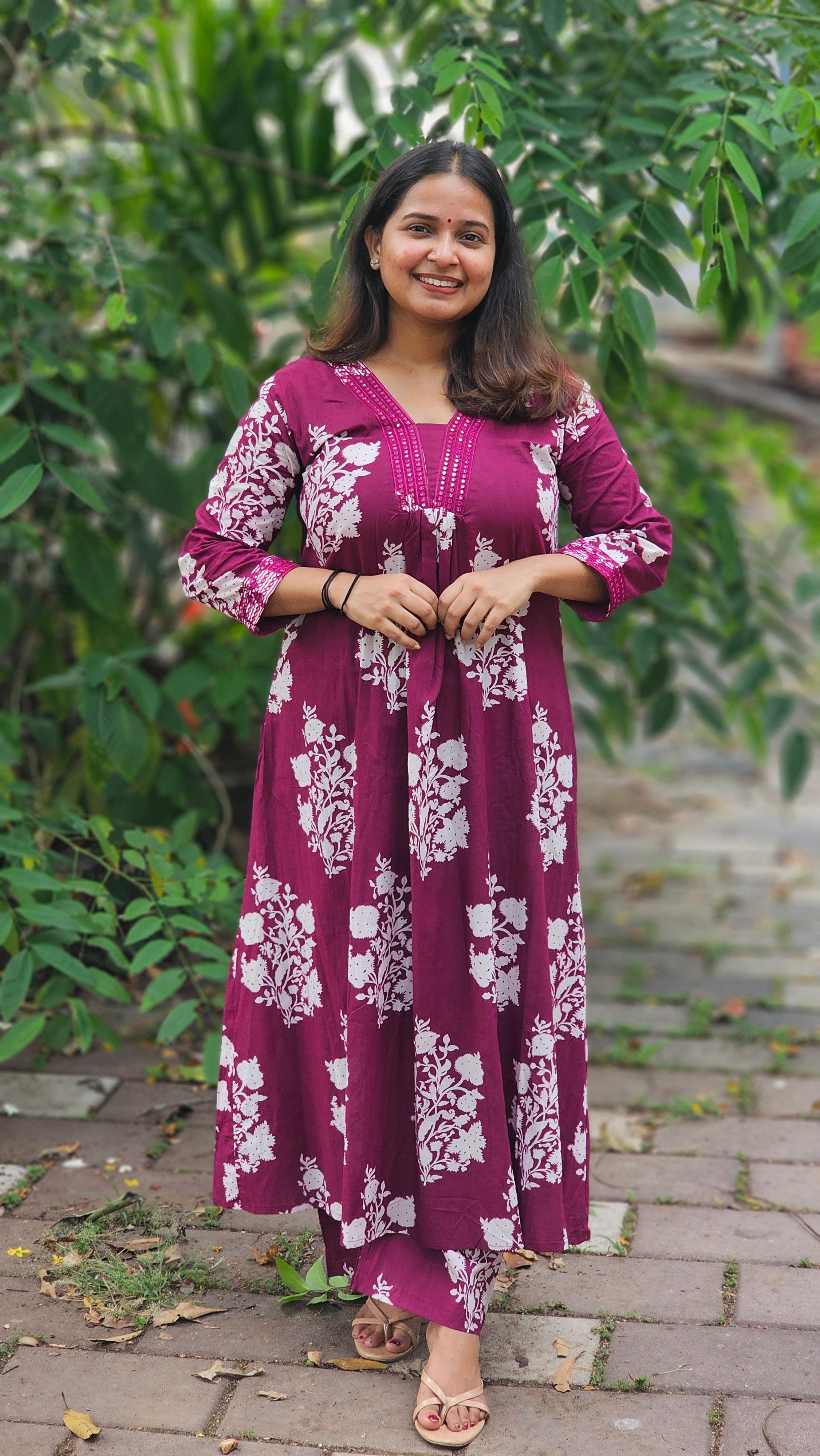 Rich Plum Floral Print Flared Kurta Set with Dupatta-KM125