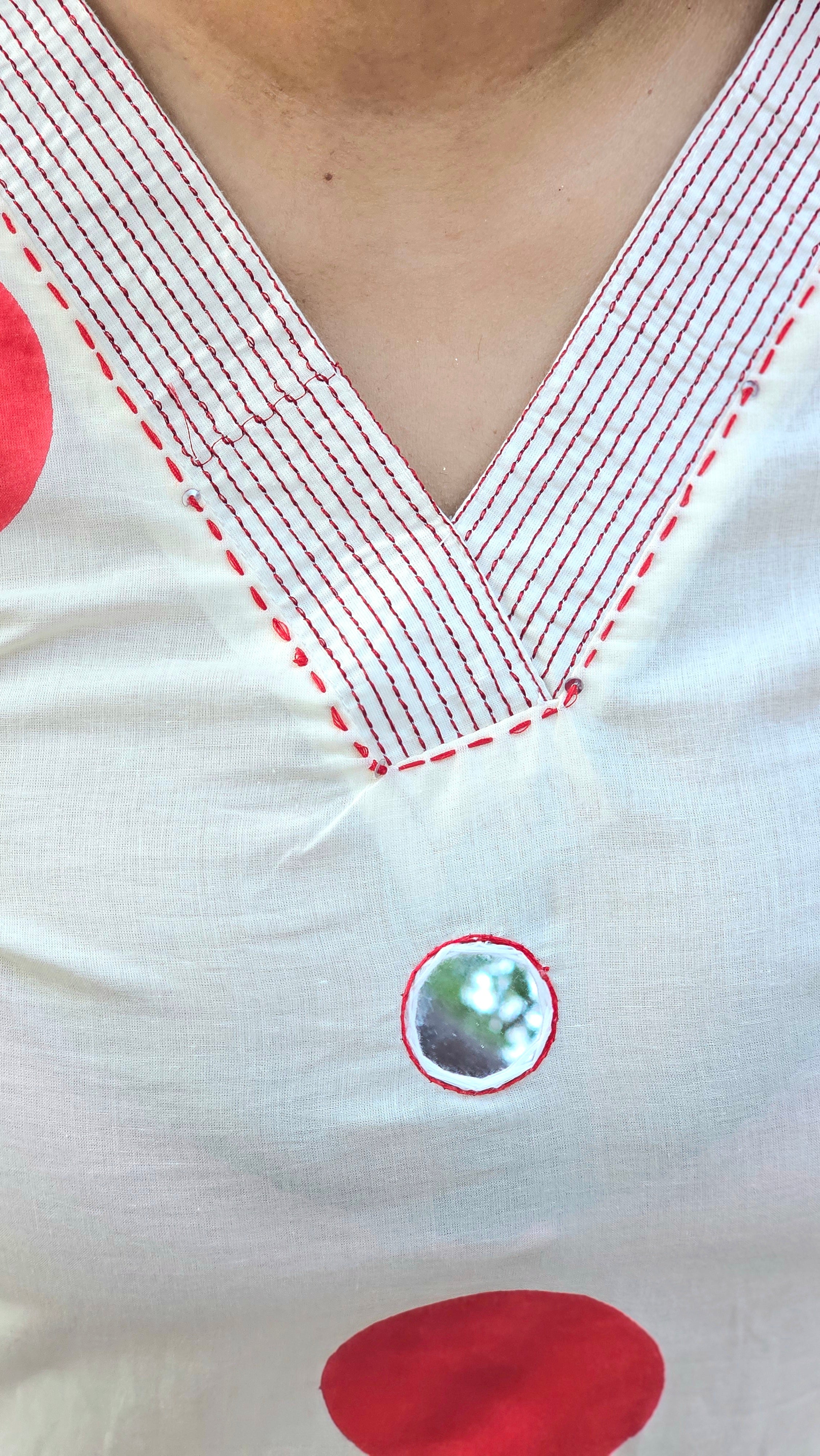 Off-White Polka Dot Kurta Set with Red Dupatta-KM126