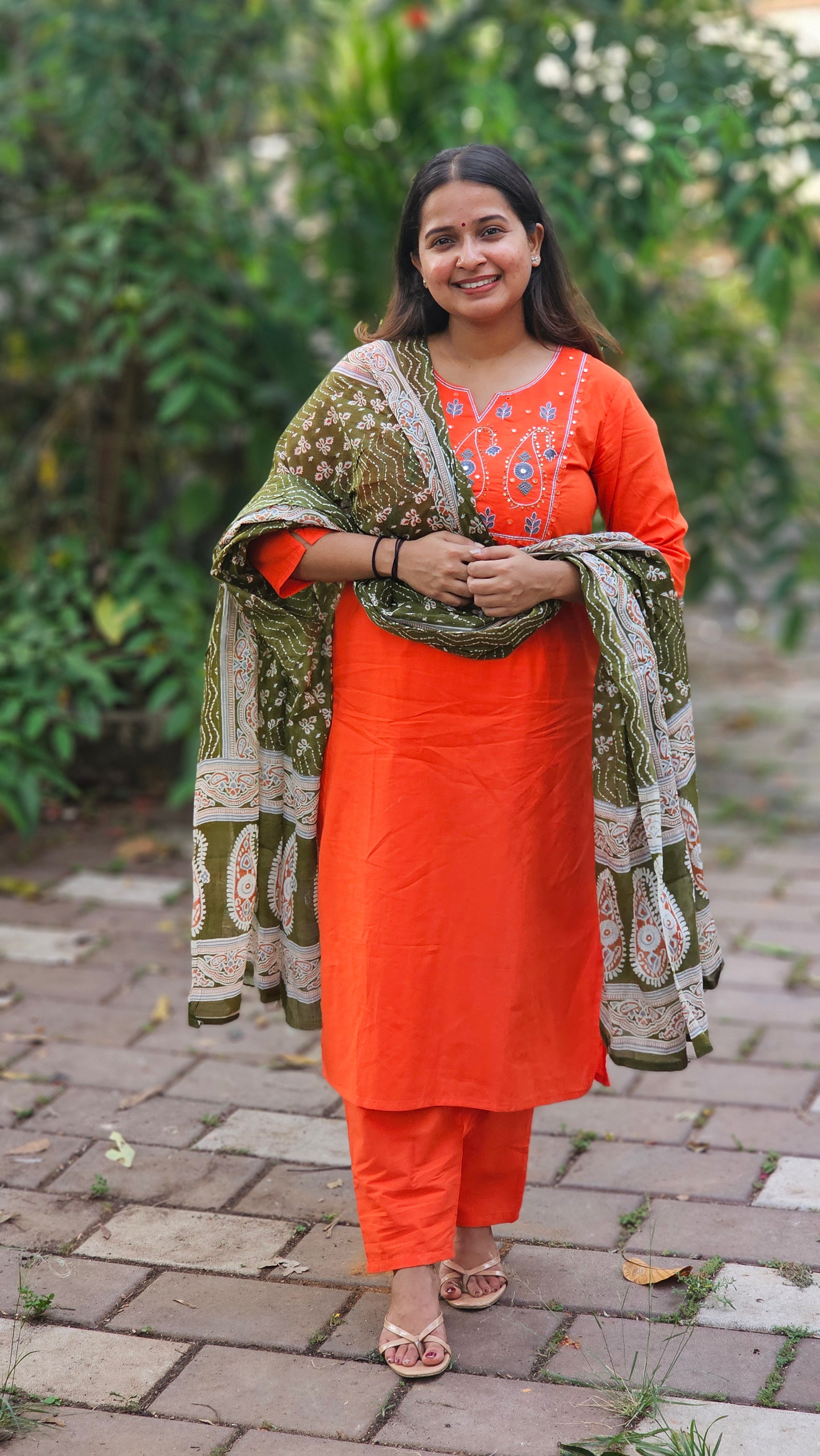 Bright Orange Cotton Kurta Set with Geometric Print Dupatta -KM124