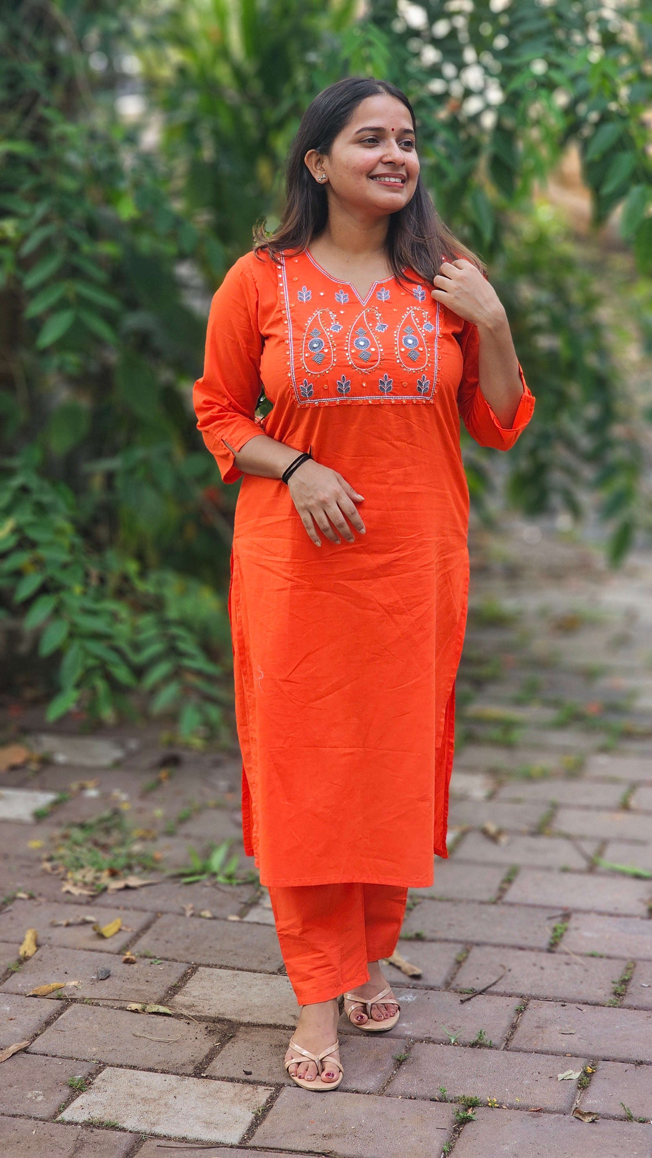 Bright Orange Cotton Kurta Set with Geometric Print Dupatta -KM124