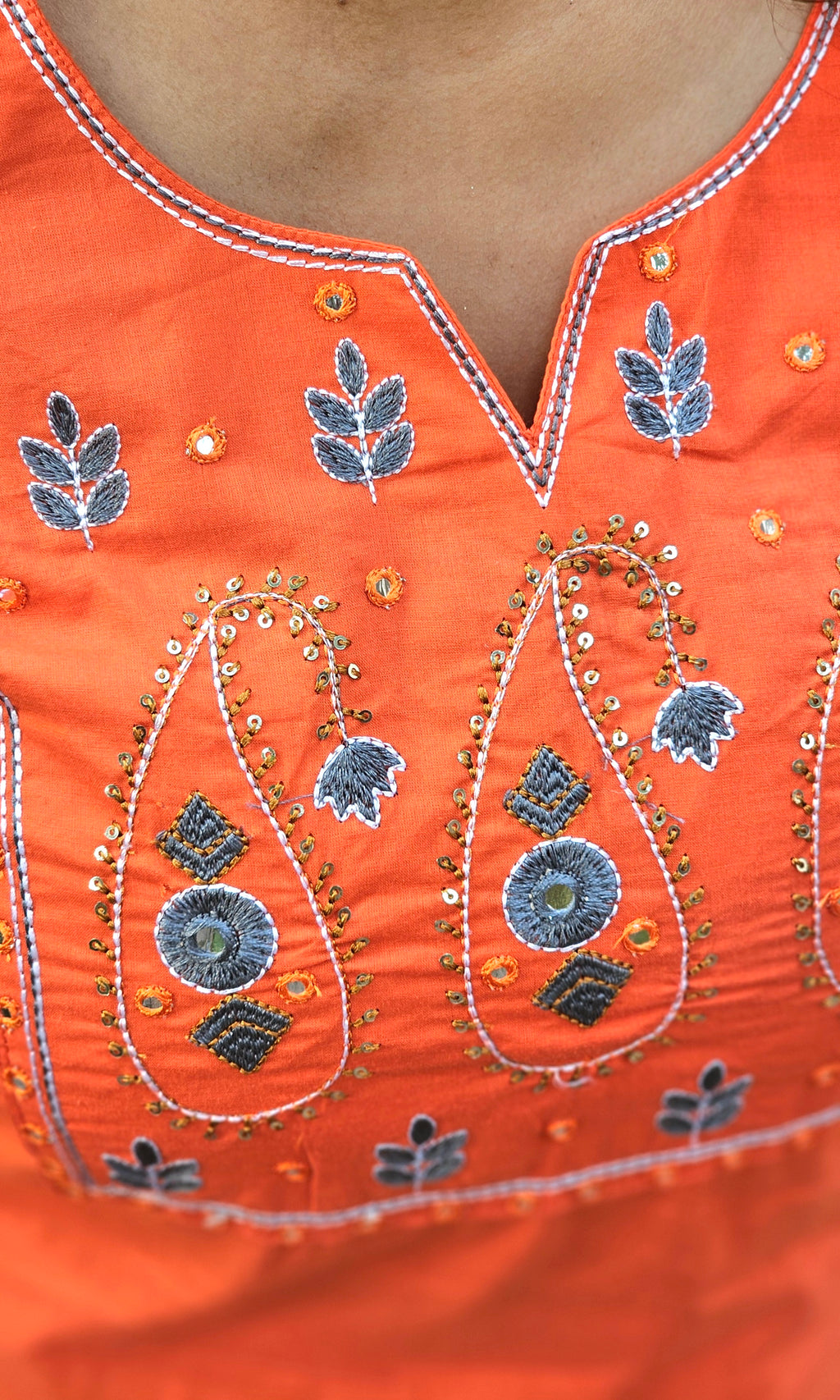 Bright Orange Cotton Kurta Set with Geometric Print Dupatta -KM124
