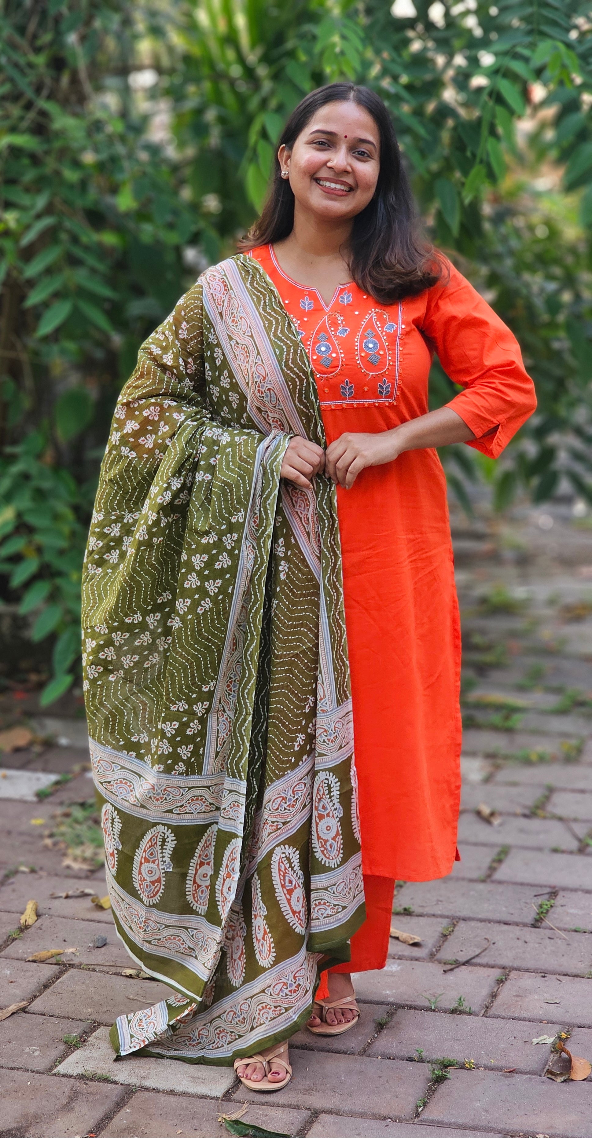 Bright Orange Cotton Kurta Set with Geometric Print Dupatta -KM124