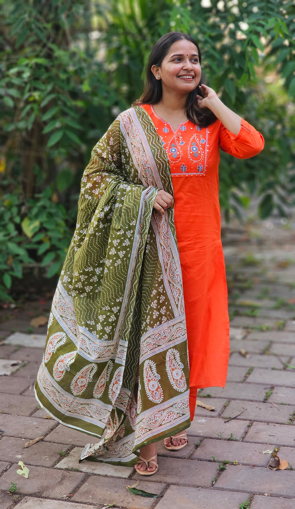 Bright Orange Cotton Kurta Set with Geometric Print Dupatta -KM124