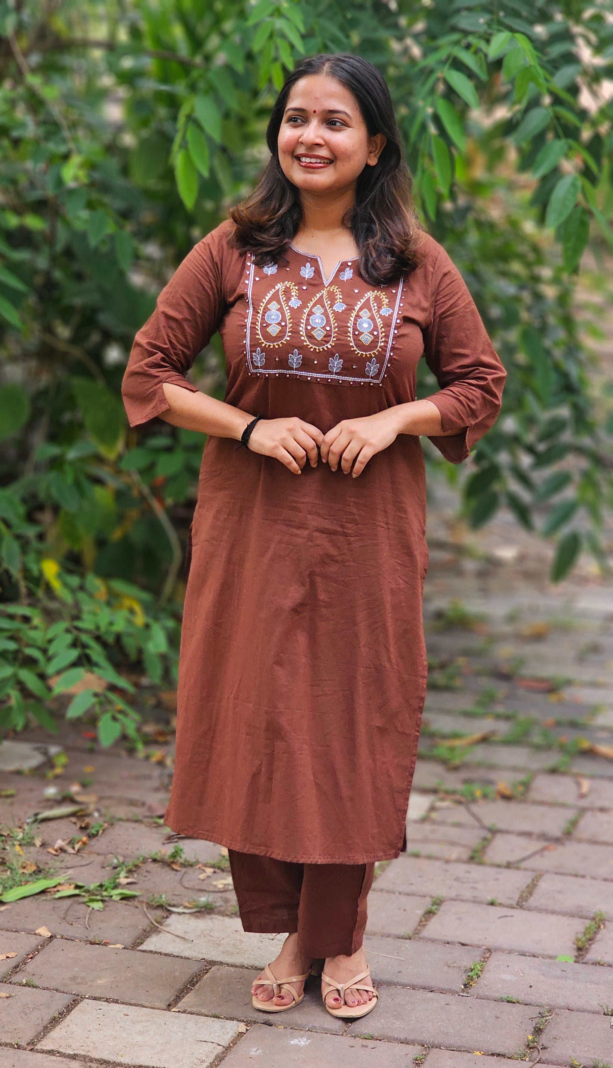 Brown Embroidered Kurta Set with Mustard Dupatta-KM127