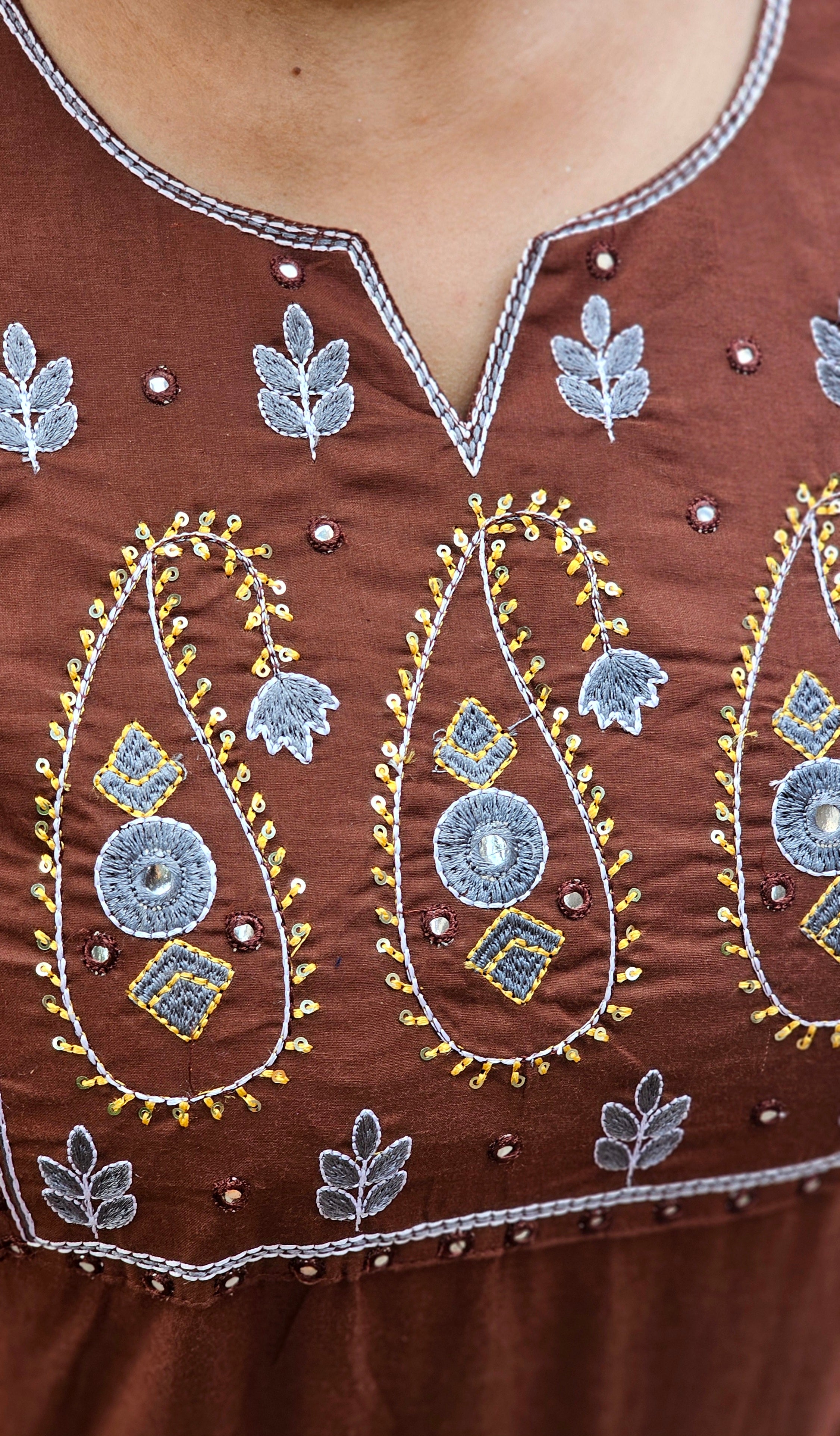 Brown Embroidered Kurta Set with Mustard Dupatta-KM127
