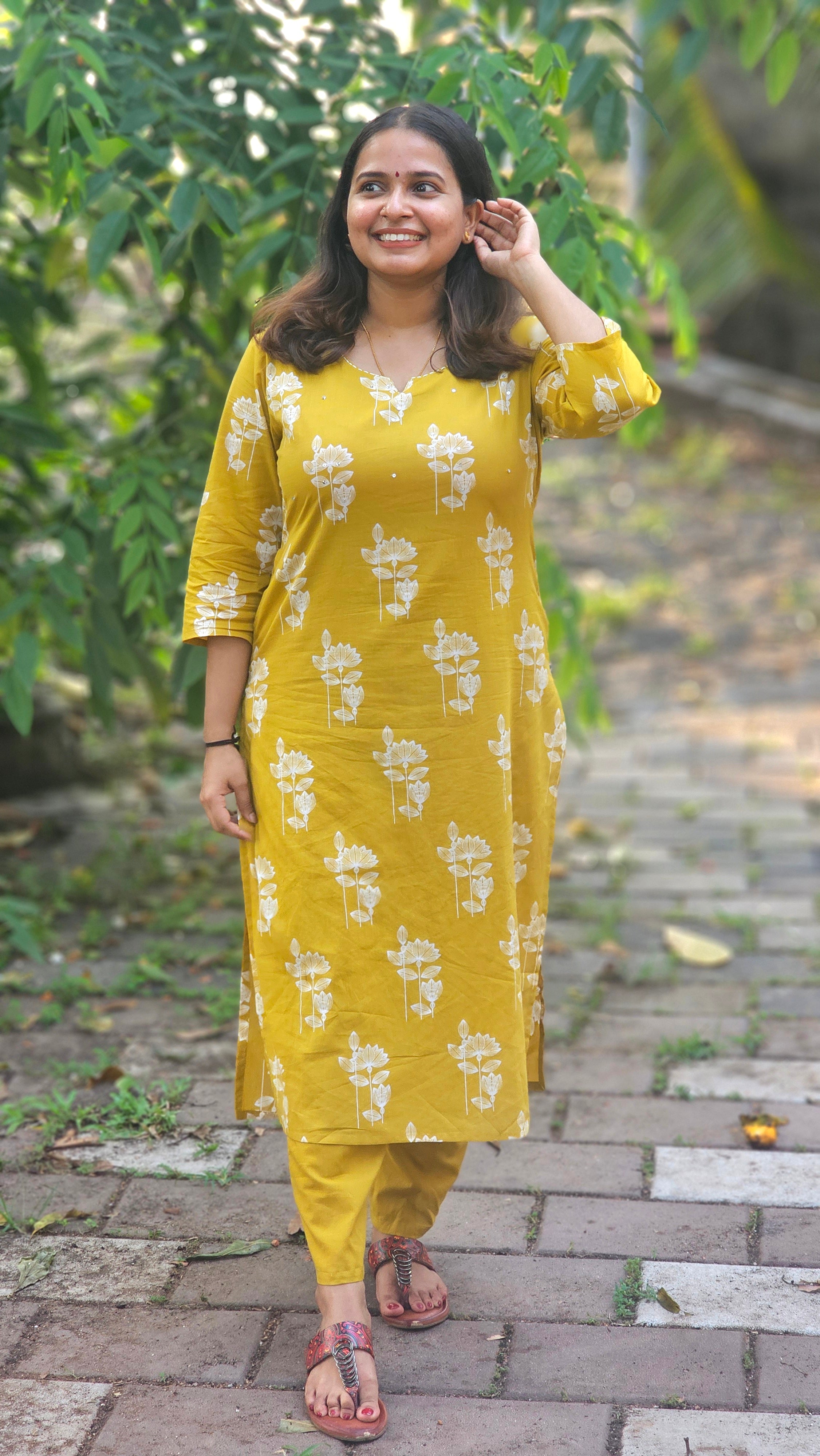 Mustard Yellow Floral Printed Kurta set -KM130