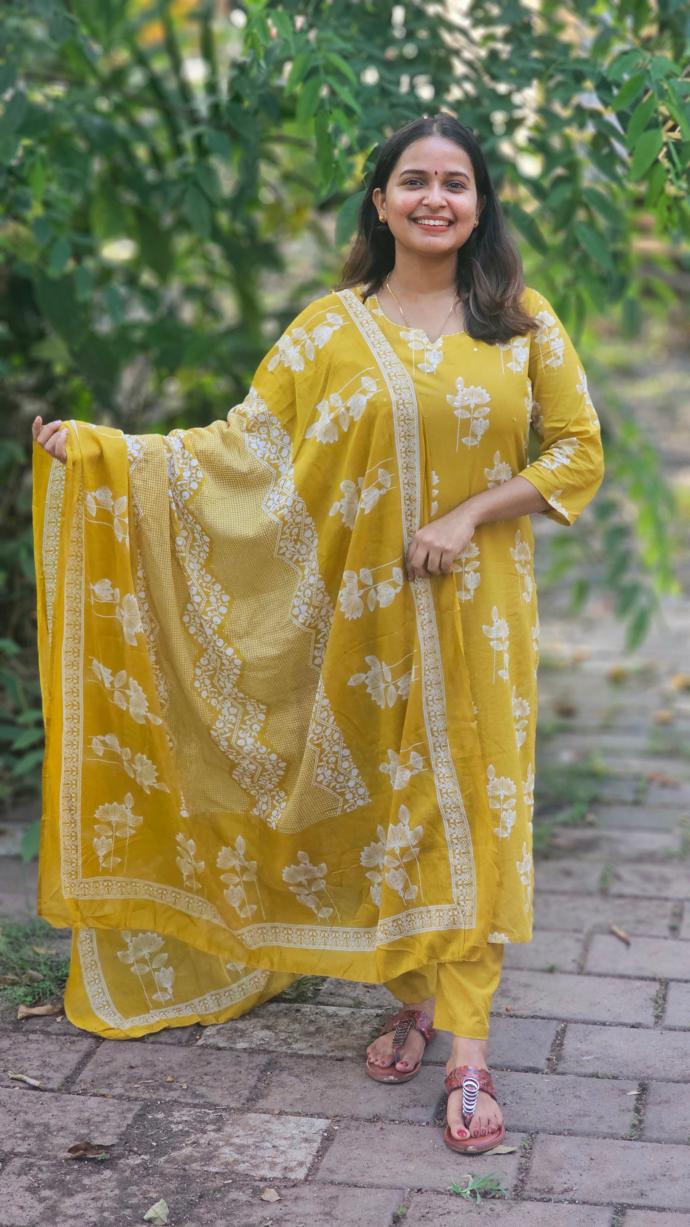 Mustard Yellow Floral Printed Kurta set -KM130