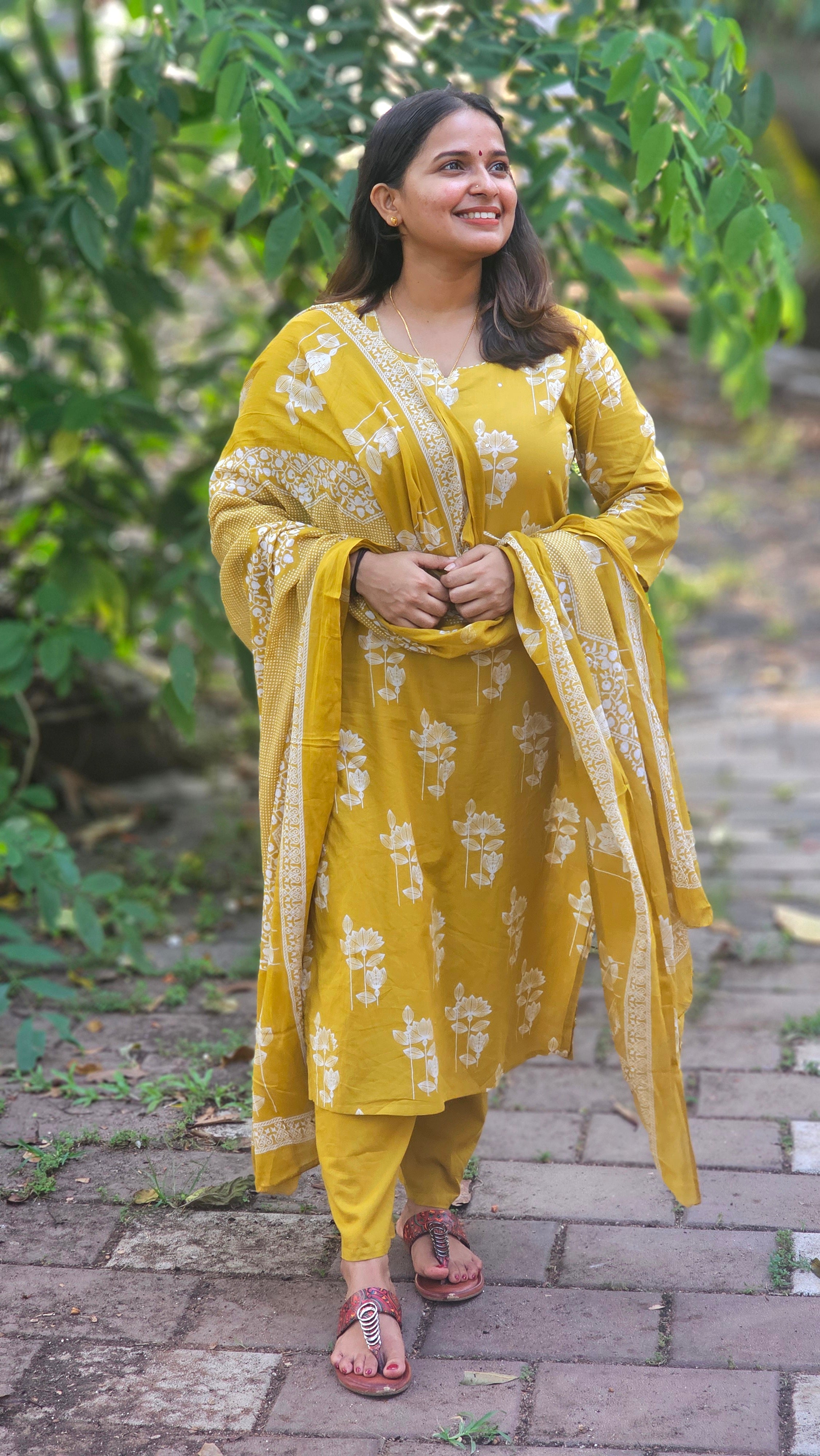 Mustard Yellow Floral Printed Kurta set -KM130
