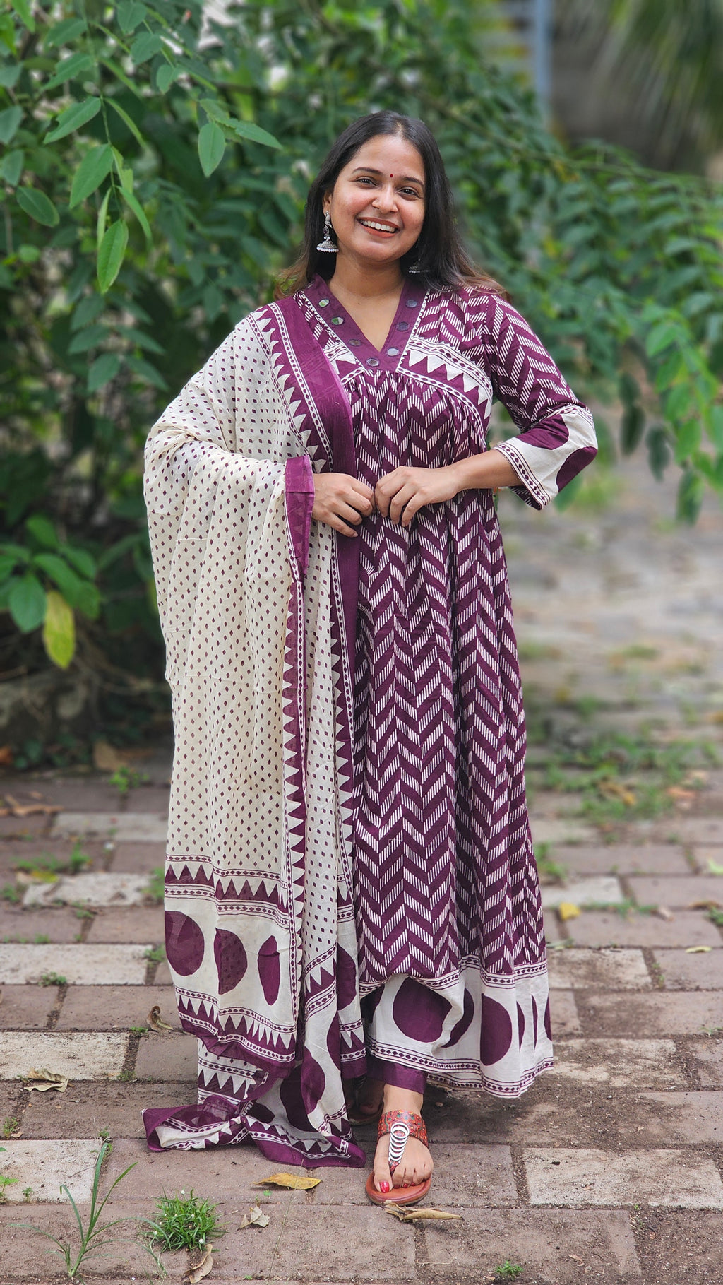 Regal plum A-line kurta set with dupatta - KM138